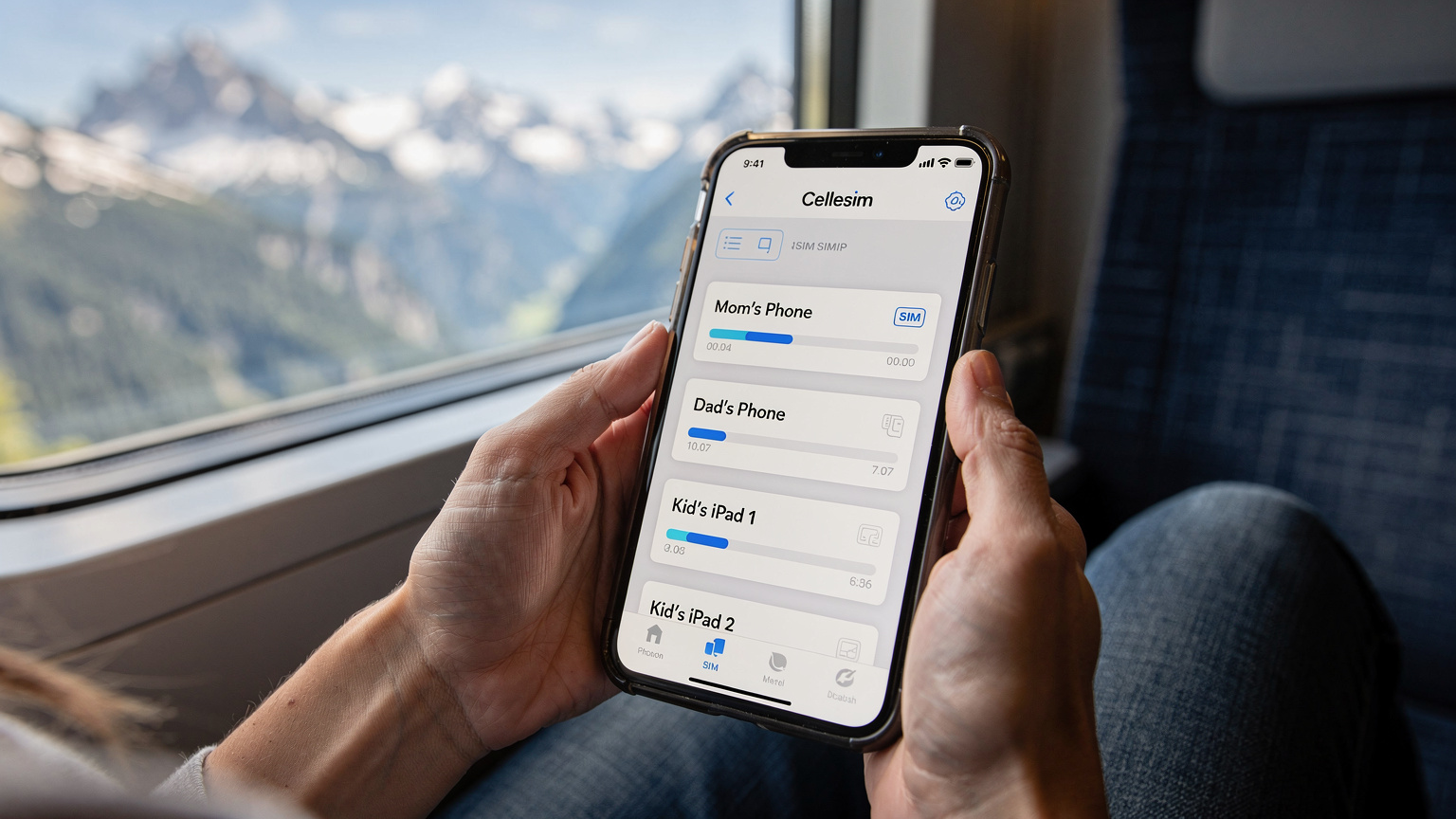 A close-up shot of a parent's hands holding a smartphone, with the Cellesim app open, displaying a dashboard that clearly shows data usage for multiple linked eSIMs, labeled 'Mom's Phone', 'Dad's Phone', 'Kid's iPad 1', and 'Kid's iPad 2', against the blurred background of a scenic train window in the Swiss Alps.