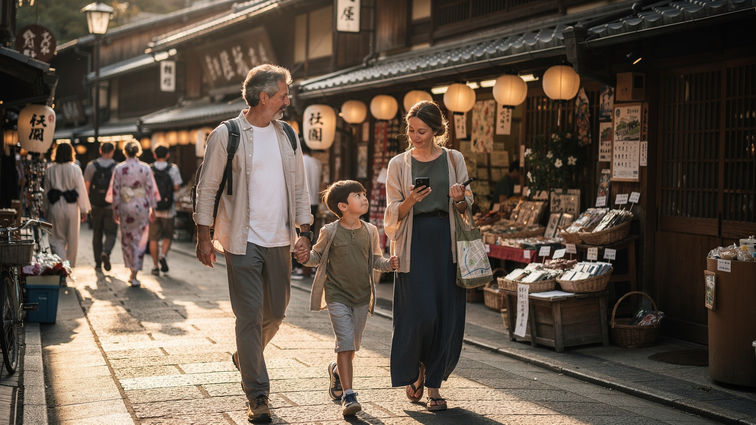 A family of four, parents and two young children, navigating a bustling street market in the Gion district of Kyoto, Japan, with traditional wooden houses and lanterns visible. The mother discreetly checks her smartphone for directions while holding a child's hand, ensuring everyone stays together.