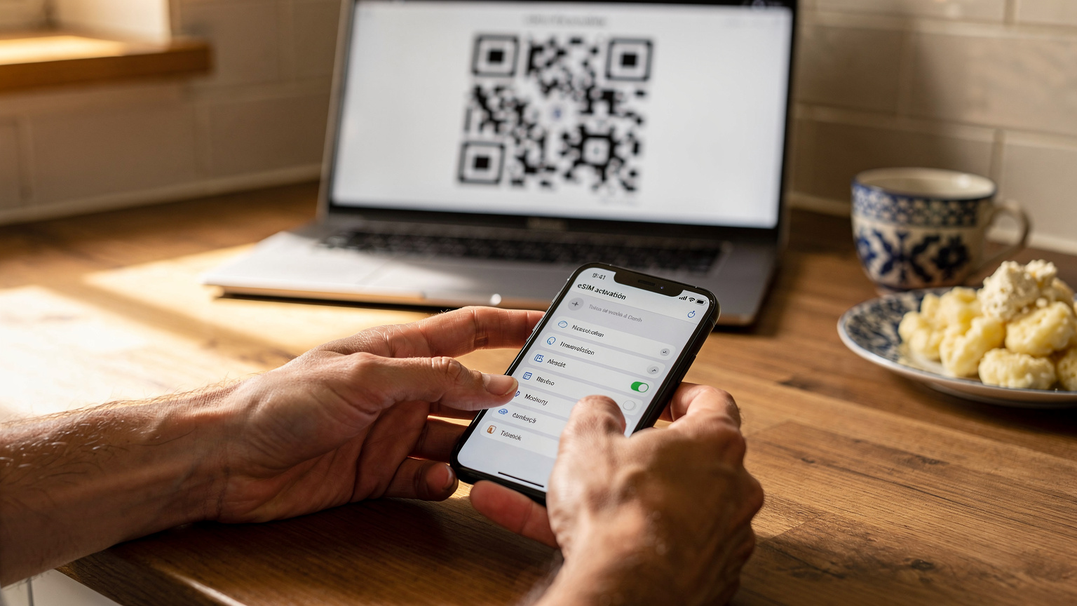 Detailný záber na ruky držiace smartfón s otvorenými nastaveniami mobilnej siete, kde používateľ aktivuje novú eSIM kartu naskenovaním QR kódu na obrazovke notebooku. Scéna sa odohráva v útulnej slovenskej kuchyni.