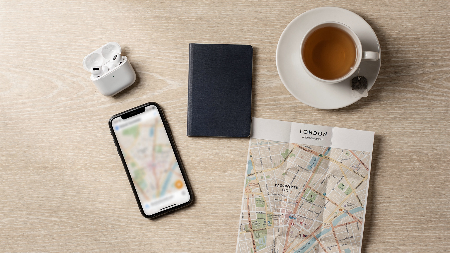 Un set de viaje editorial con un pasaporte, teléfono móvil con un mapa abierto, auriculares, un mapa de papel de Londres y una taza de té inglés en una mesa de madera clara.