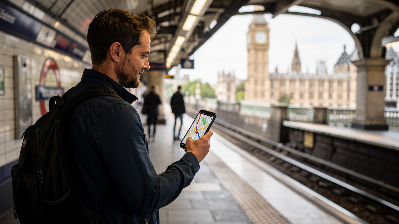 Un viajero con su teléfono mostrando la aplicación 'Transport for London (TfL Go)' en la estación de metro de Westminster, con el Big Ben visible a lo lejos.