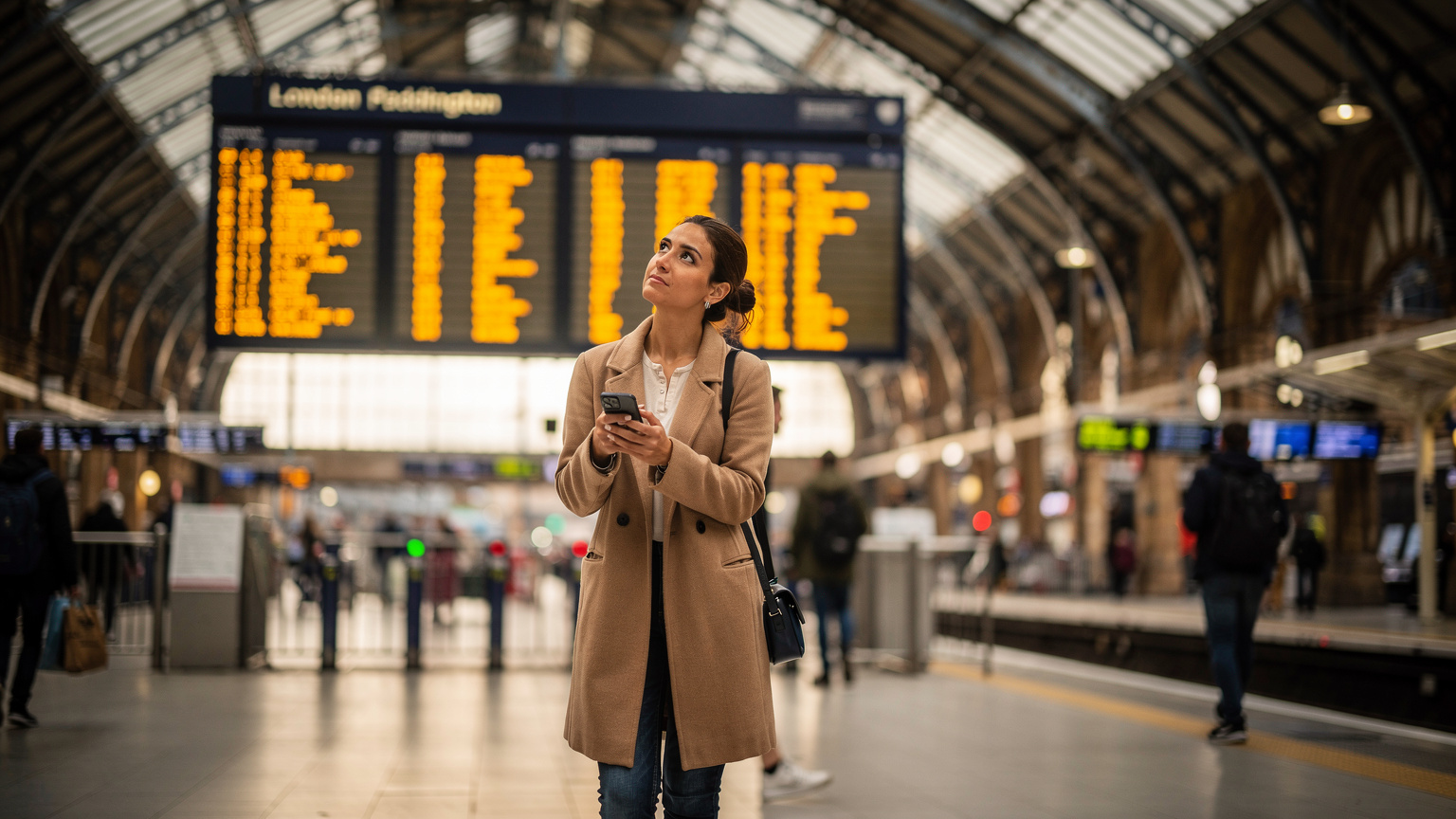Un viajero en la estación de tren de Paddington en Londres, observando el panel de salidas con su teléfono en mano, preparándose para abordar un tren hacia Bath.