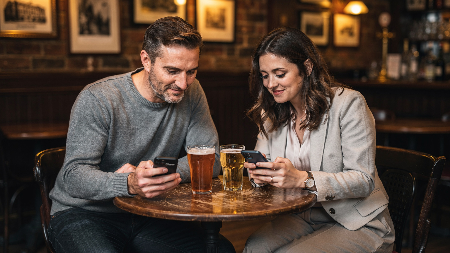 Una pareja de viajeros consultando sus teléfonos en un pub tradicional en el barrio de Soho en Londres, con una pinta de cerveza y una sidra en la mesa. La atmósfera es cálida y acogedora.