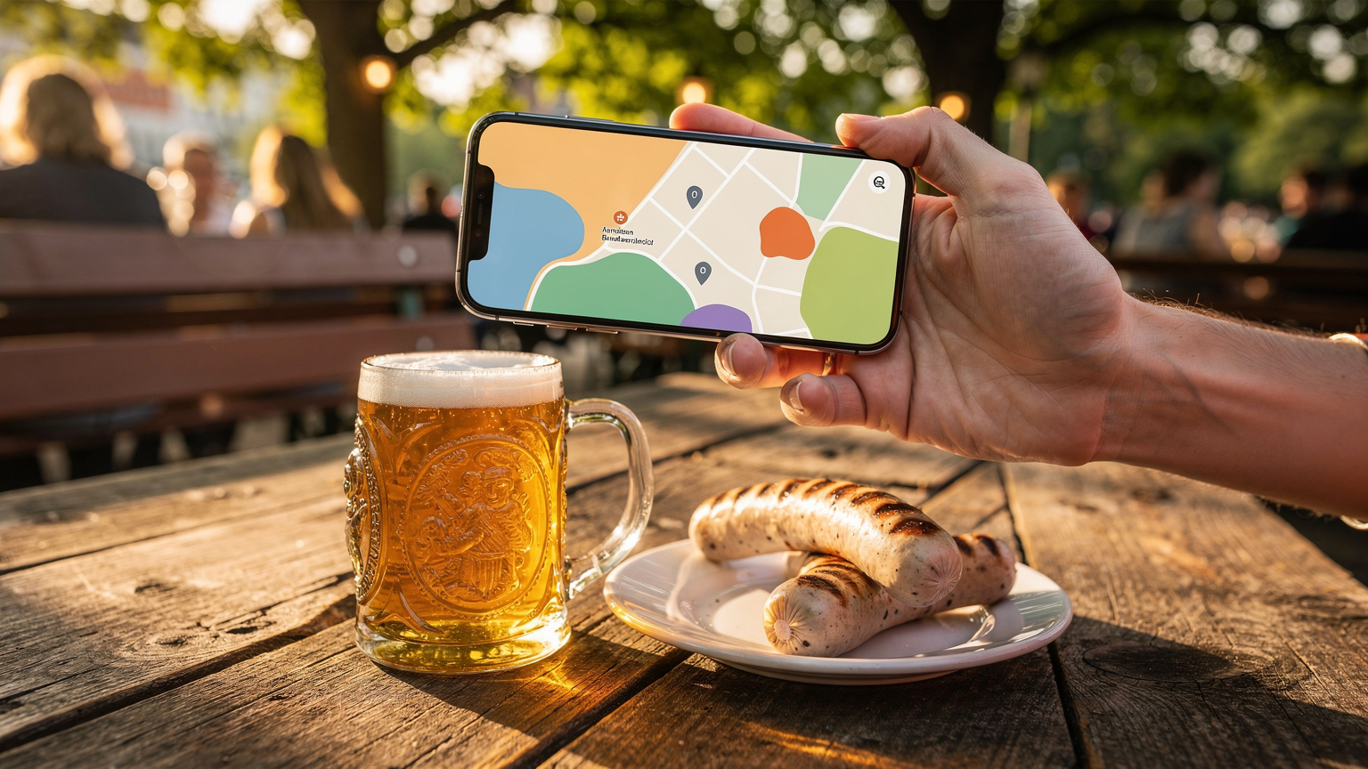 O mână ține un smartphone, afișând o interfață simplă a unei aplicații de hărți, cu o halbă de bere tradițională germană și un platou cu Weisswurst (cârnați albi bavarezi) pe o masă de lemn, într-o grădină de bere autentică din München.