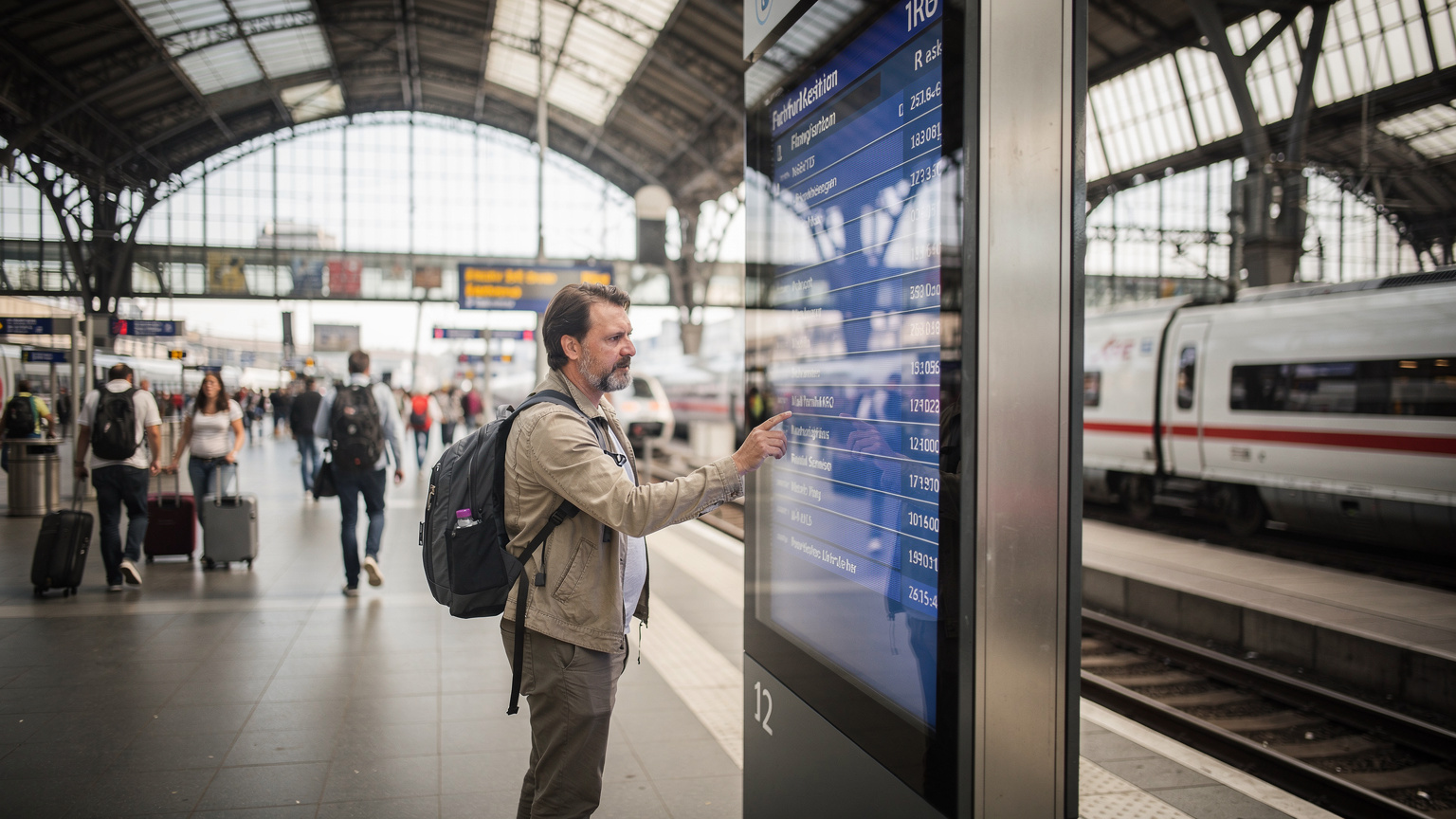 Un călător verifică orarul trenurilor pe un ecran digital pe peronul aglomerat al Gării Centrale din Frankfurt, cu arhitectura modernă a gării în fundal.