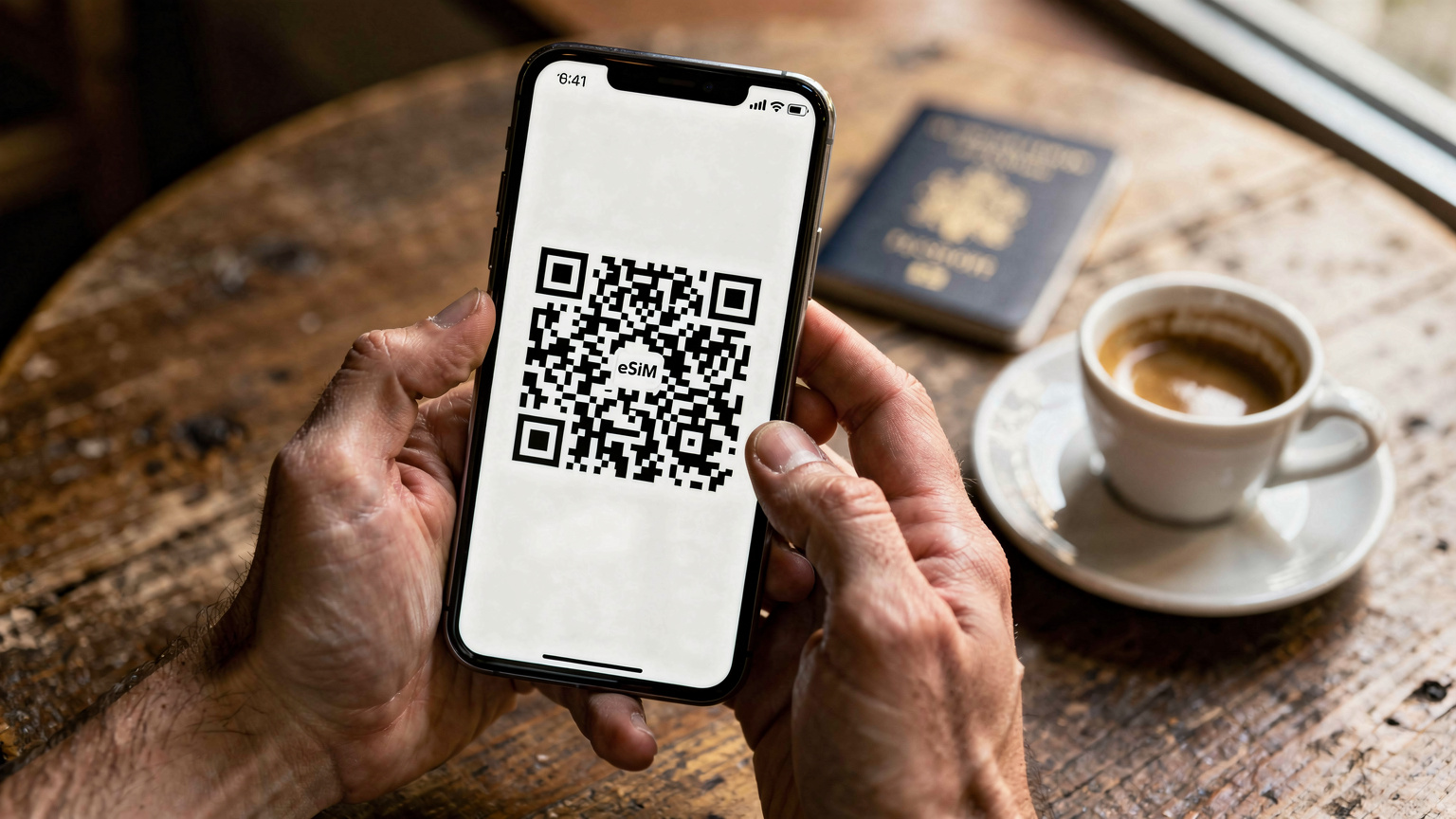 Gros plan sur des mains tenant un smartphone affichant un QR code d'eSIM, prêt à être scanné, avec un passeport en arrière-plan flou, sur une table de café en bois.
