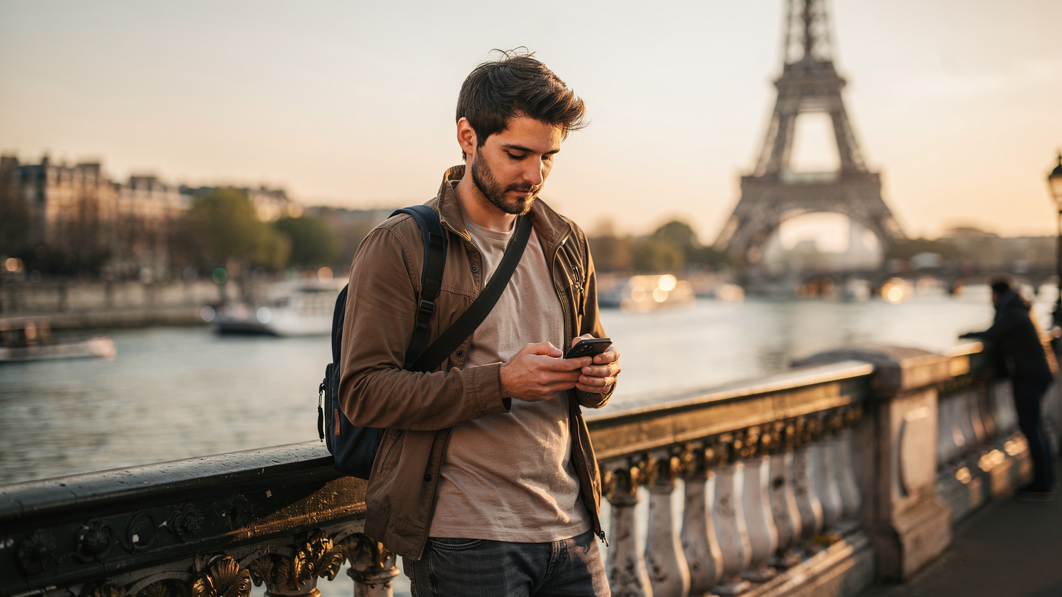 Un voyageur à Paris, utilisant son smartphone pour se connecter, avec la Tour Eiffel en arrière-plan, symbolisant la connexion moderne en déplacement.