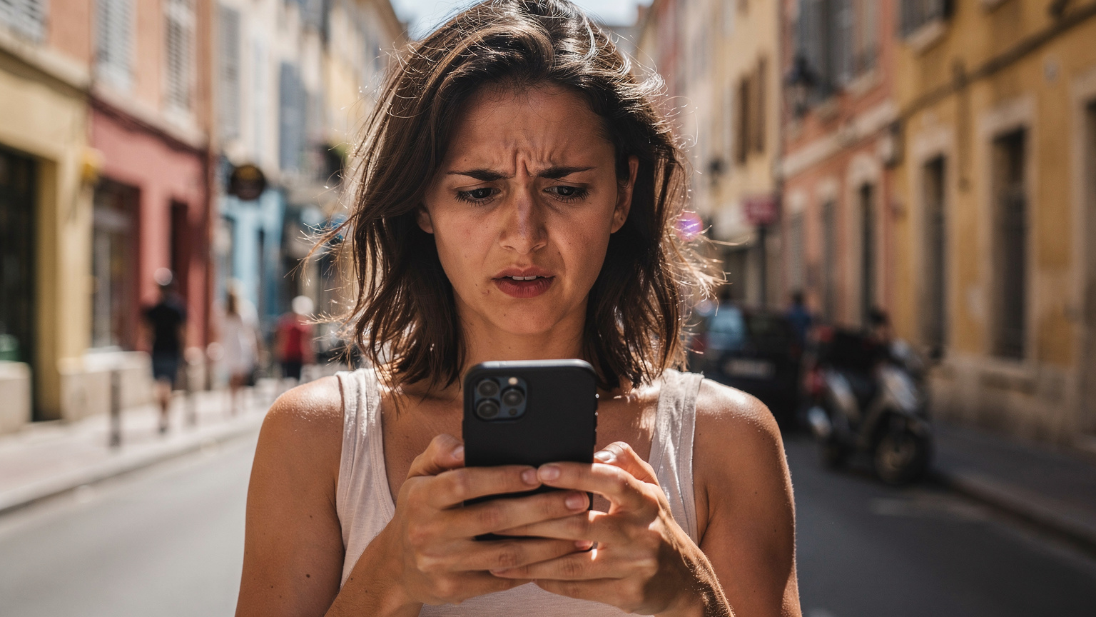Une femme, les sourcils froncés, tient son téléphone avec un air d'agacement alors qu'elle tente d'utiliser une application de cartographie dans une rue animée de Marseille, signalant une mauvaise connexion.