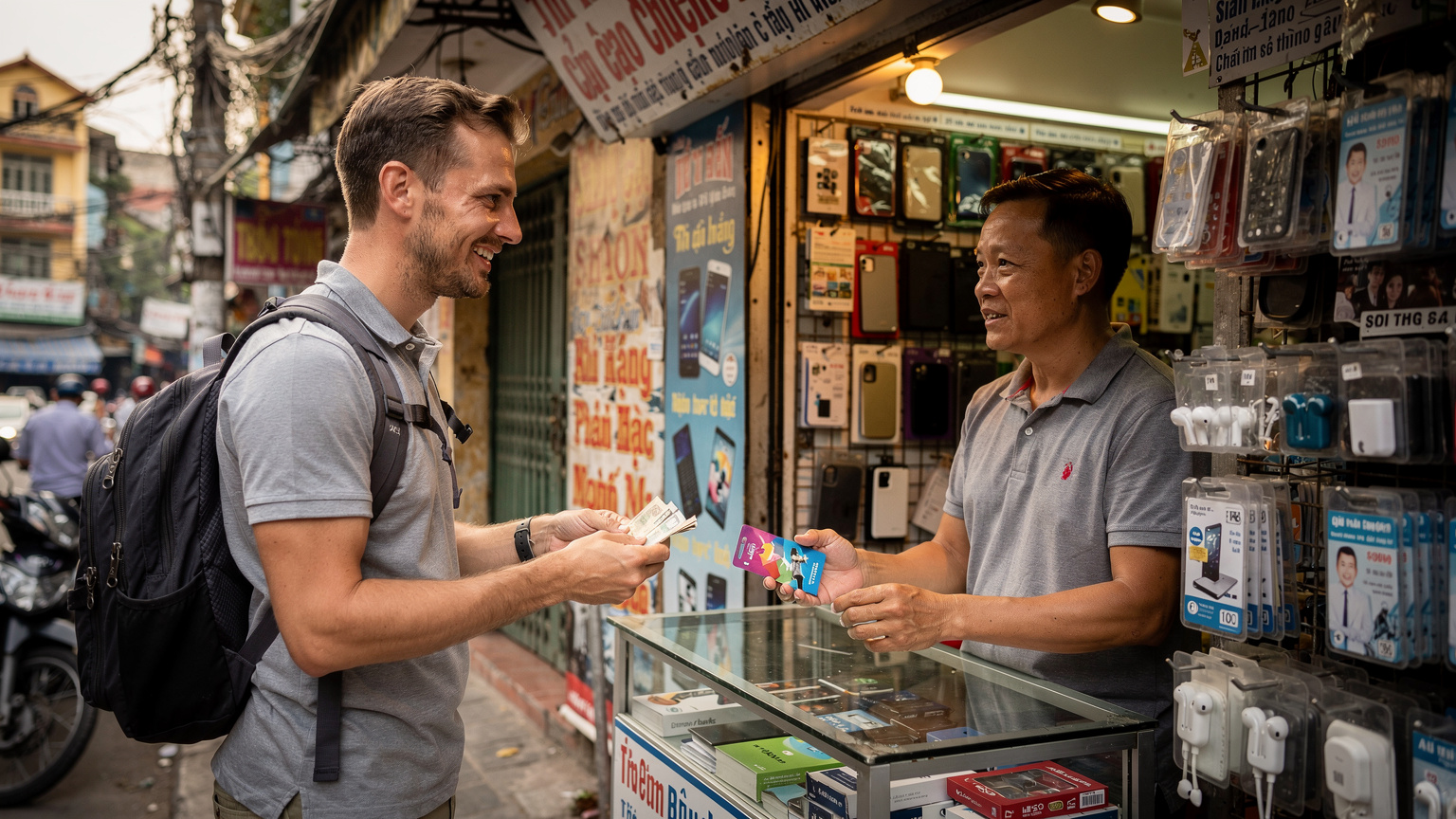 Un voyageur souriant achète une carte SIM locale dans une petite boutique de téléphonie mobile animée, typique d'un marché de rue à Hanoï, avec des affiches colorées en vietnamien.