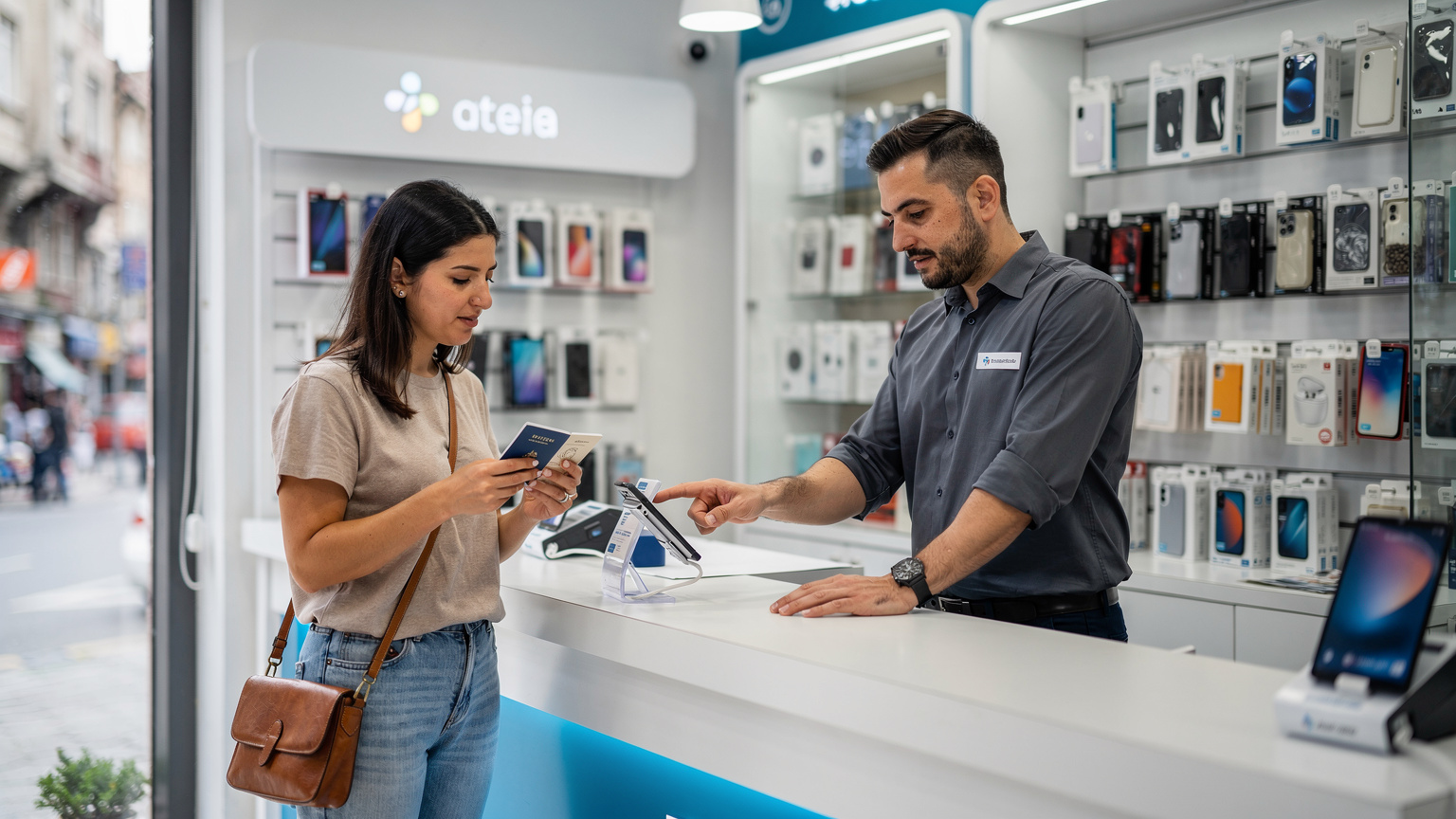 Bir Türk Telekom mağazasının içinde, bir turist pasaportunu göstererek müşteri temsilcisiyle eSIM kurulumu hakkında konuşuyor, arkada telefon aksesuarları rafları görünüyor.