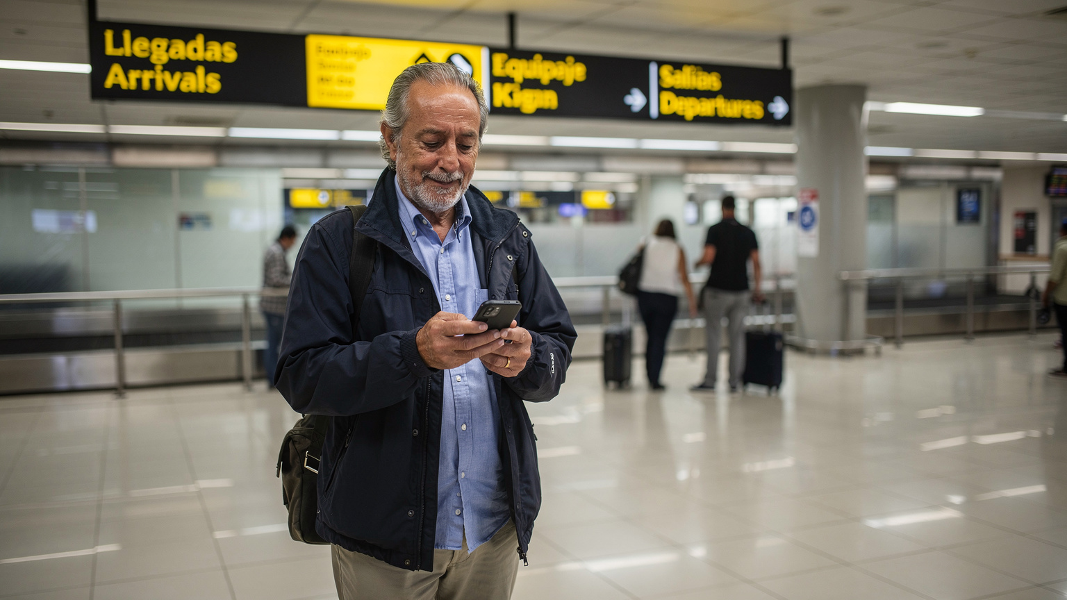 Un pensionato italiano controlla il suo telefono appena atterrato all'aeroporto di Bogotá, pronto per connettersi.