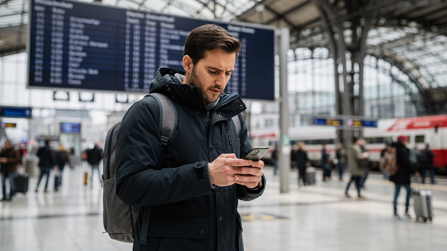 Ein Reisender am Frankfurter Hauptbahnhof checkt seine eSIM-Verbindung, bevor er zum Weihnachtsmarkt aufbricht.