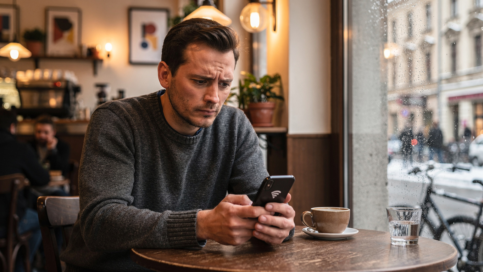 Ein Reisender sitzt in einem gemütlichen Café in Berlin-Mitte, schaut besorgt auf sein Smartphone, dessen Bildschirm eine schlechte Netzwerkverbindung anzeigt, während draußen der Schnee fällt.