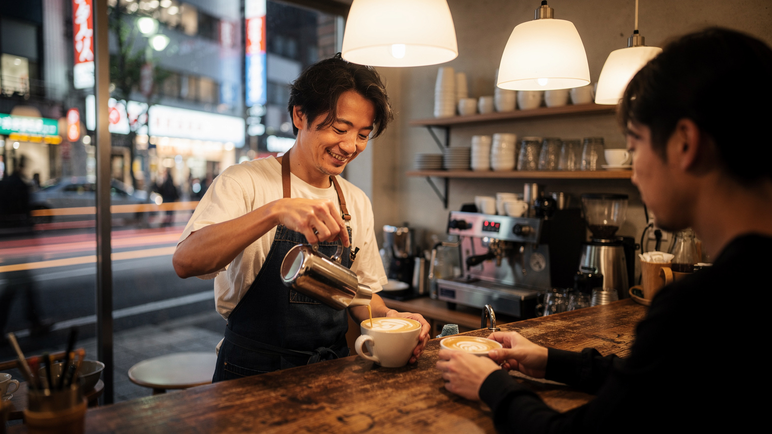 Seorang barista di kafe kecil di Shibuya, Tokyo, sedang menyajikan kopi kepada pelanggan, dengan latar belakang lampu kota yang ramai.