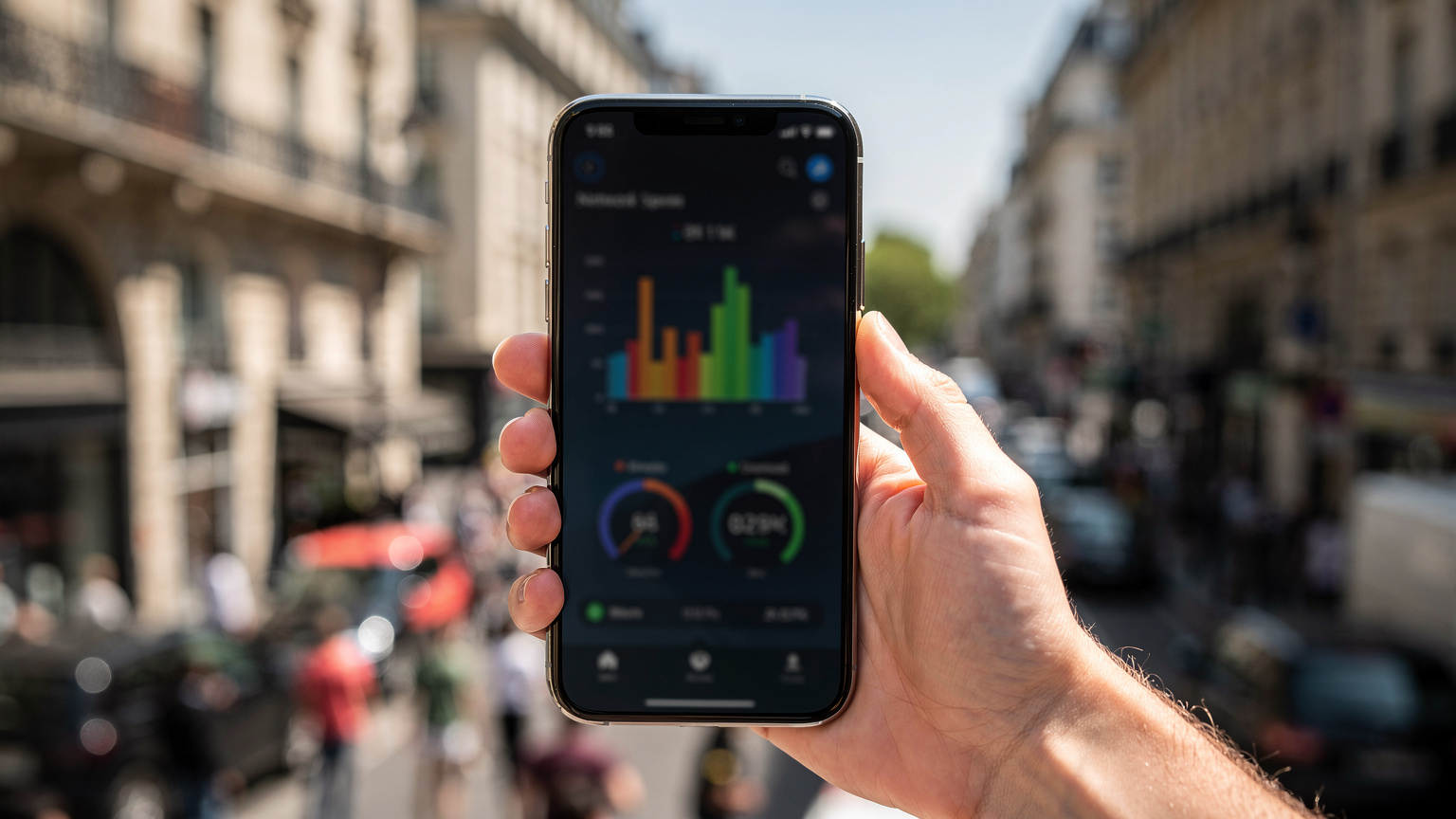 Un écran de smartphone affichant une application de test de vitesse réseau (Speedtest) avec des résultats de débit instables, tenu par une main dans un environnement urbain dense et légèrement flou.