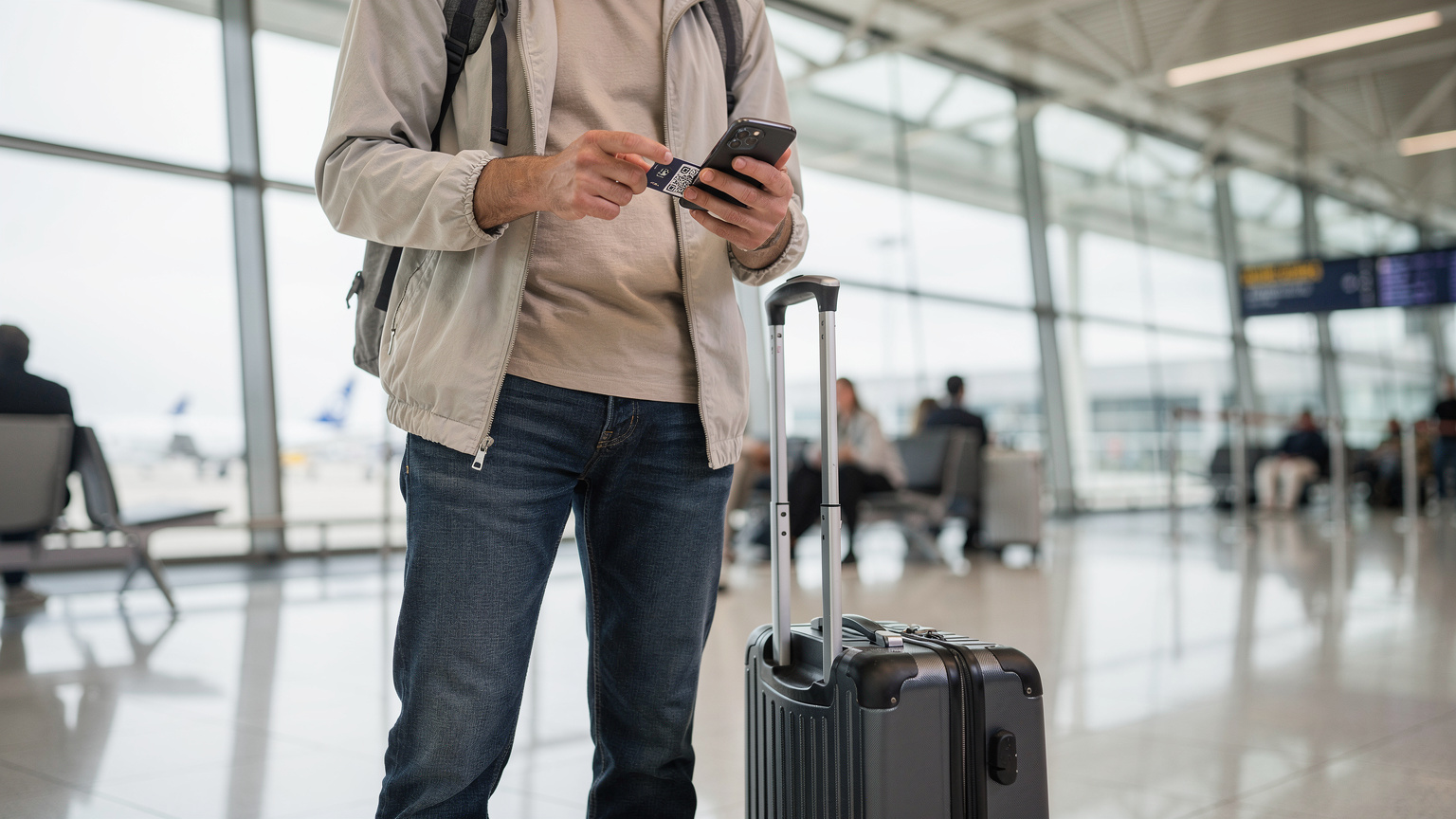 Un voyageur à l'aéroport Charles de Gaulle scannant un QR code pour activer son eSIM sur son smartphone, avec ses bagages à main à côté.