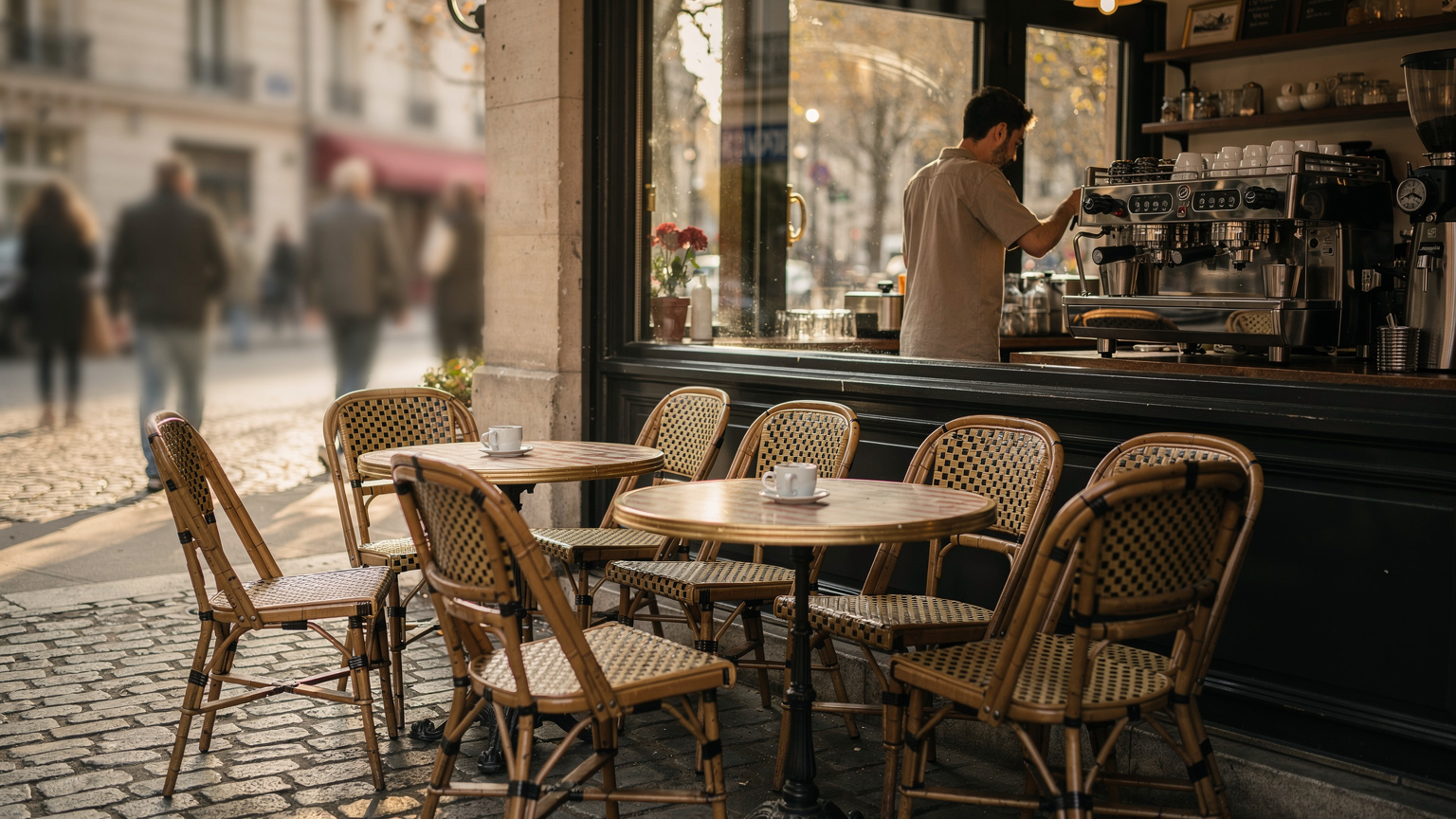 Un café parisien typique avec des tables en extérieur, un barista préparant un café à l'intérieur, et des passants flous en arrière-plan, capturant l'ambiance locale.