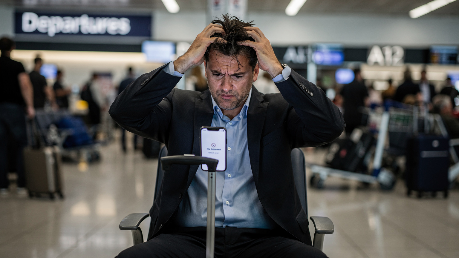 Un homme d'affaires frustré, les mains dans les cheveux, regardant son téléphone qui affiche un message d'erreur de connexion, dans un hall d'aéroport bondé.