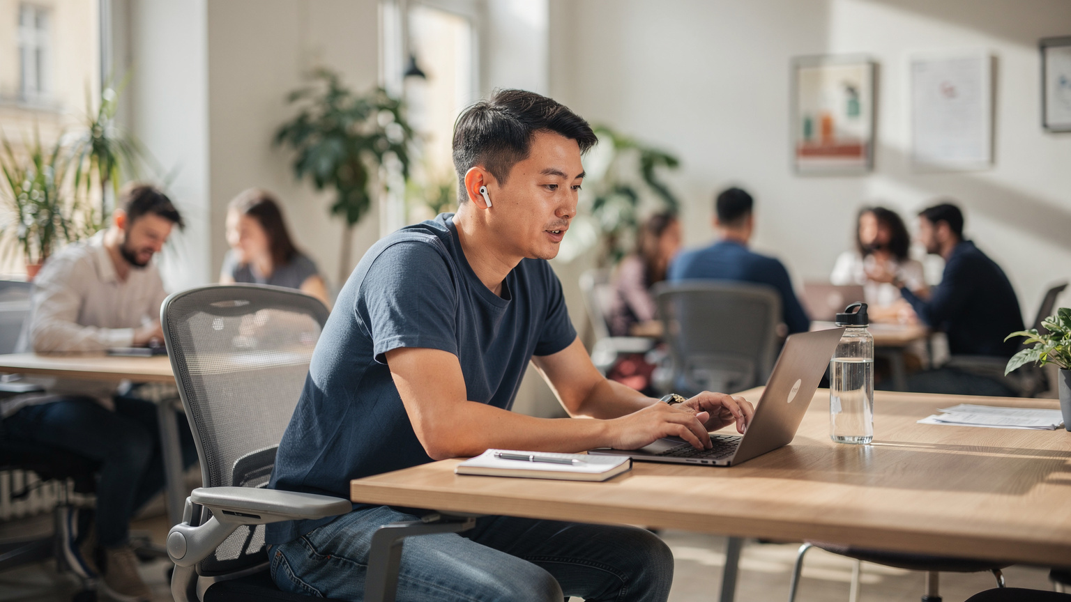 一位数字游民在布达佩斯K+Kontact Coworking Space,正在用笔记本电脑进行视频会议,背景是专注工作的其他国际人士。