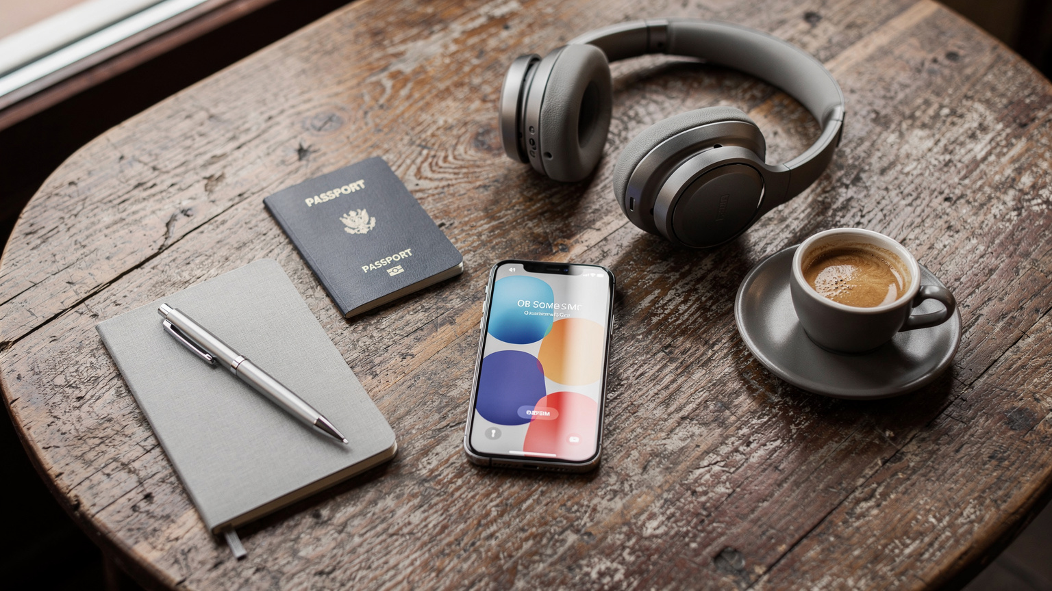 Μια editorial, overhead flat-lay φωτογραφία με ταξιδιωτικά απαραίτητα: ένα διαβατήριο, ένα smartphone με ανοιχτή μια εφαρμογή eSIM, ένα ζευγάρι ακουστικά, ένα μικρό σημειωματάριο και ένα στυλό, όλα τοποθετημένα σε μια ρουστίκ ξύλινη επιφάνεια, με ένα φλιτζάνι καφέ στο πλάι.