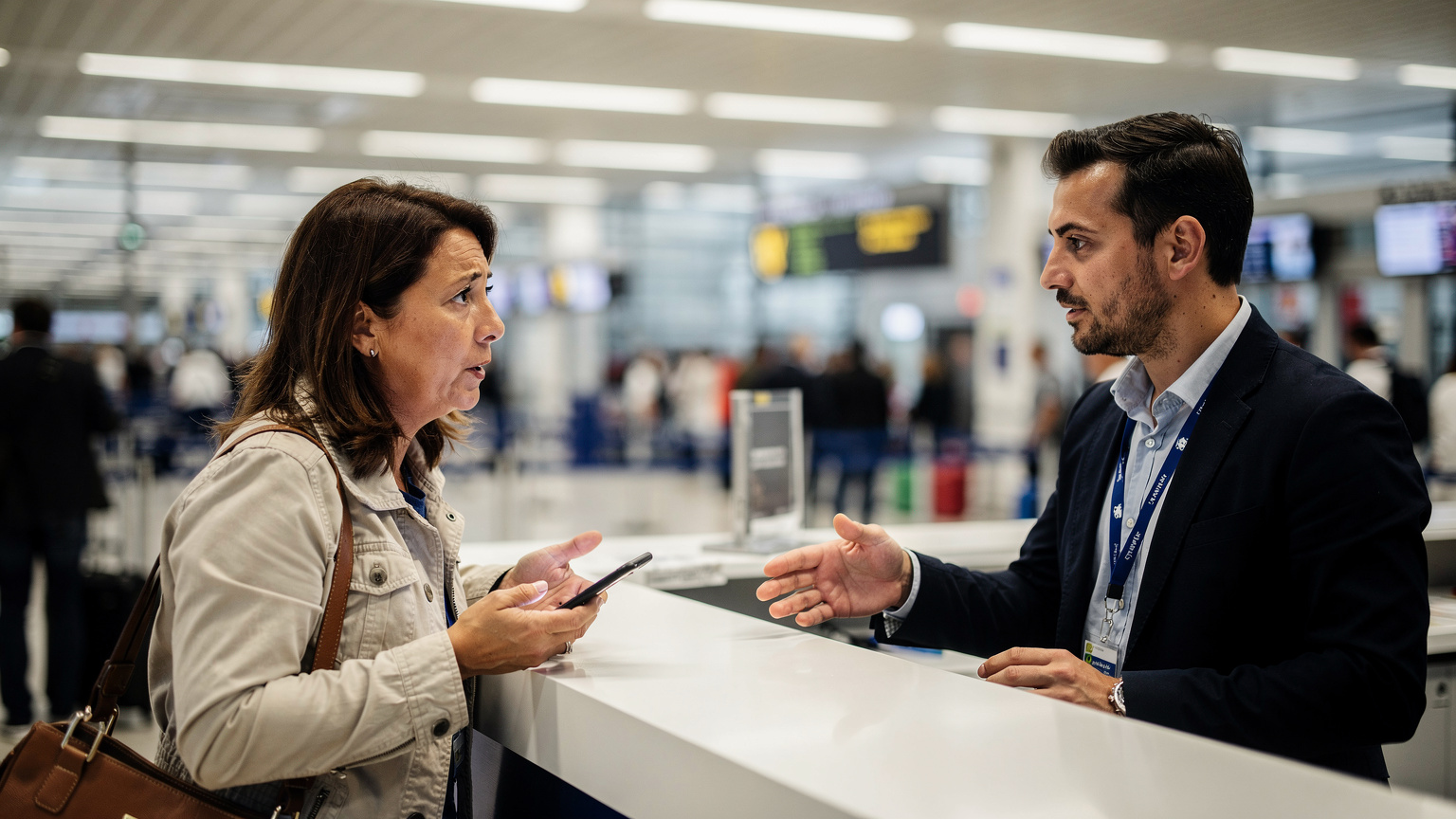 Μια γυναίκα με μια απορημένη έκφραση, κρατάει το smartphone της και δείχνει την οθόνη σε έναν υπάλληλο σε ένα γραφείο εξυπηρέτησης πελατών αεροδρομίου. Ο υπάλληλος δείχνει να εξηγεί κάτι, με ταξιδιώτες να περνούν στο φόντο.