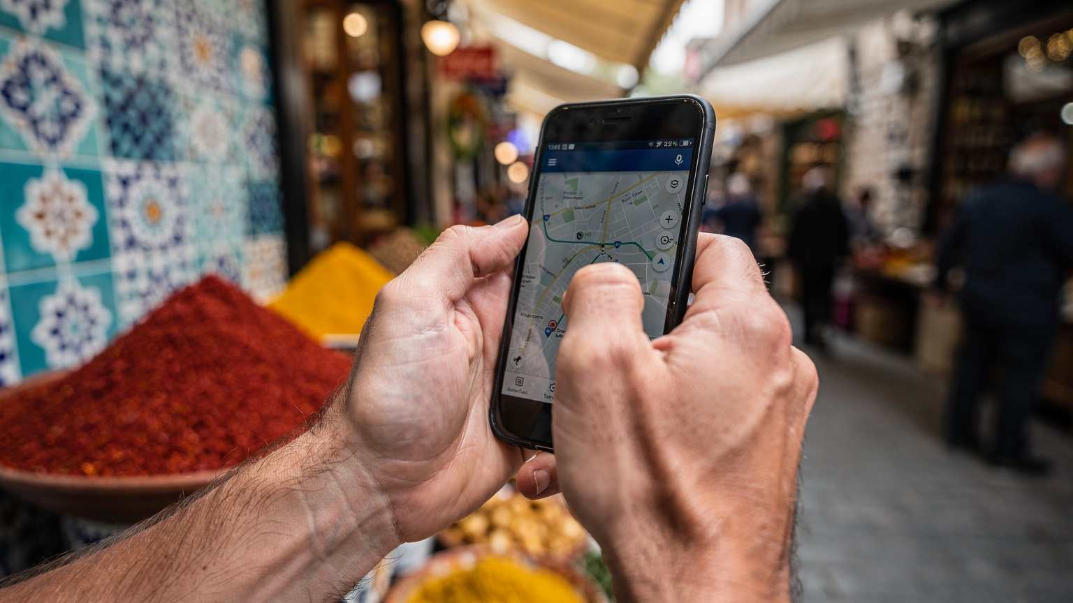 دستی در حال استفاده از تلفن همراه برای بررسی مسیر در Google Maps در بازار شلوغ Kemeraltı در ازمیر، با کاشیهای رنگارنگ و مغازههای سنتی در پسزمینه.