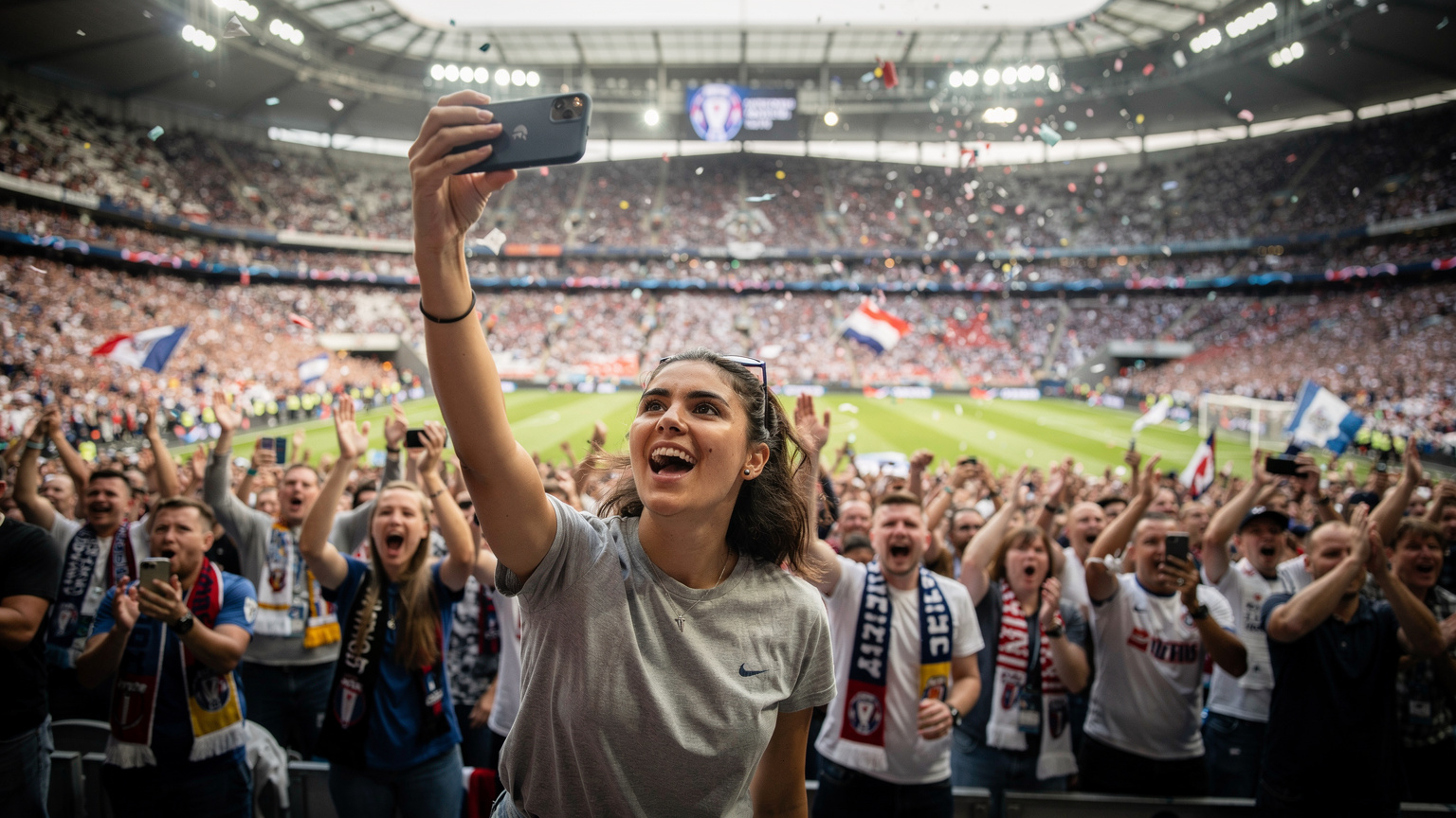 Eine junge Frau hält ihr Smartphone in die Höhe, um ein Foto von den jubelnden Fans im Wembley-Stadion zu machen, ihr Bildschirm zeigt eine gute Netzverbindung.