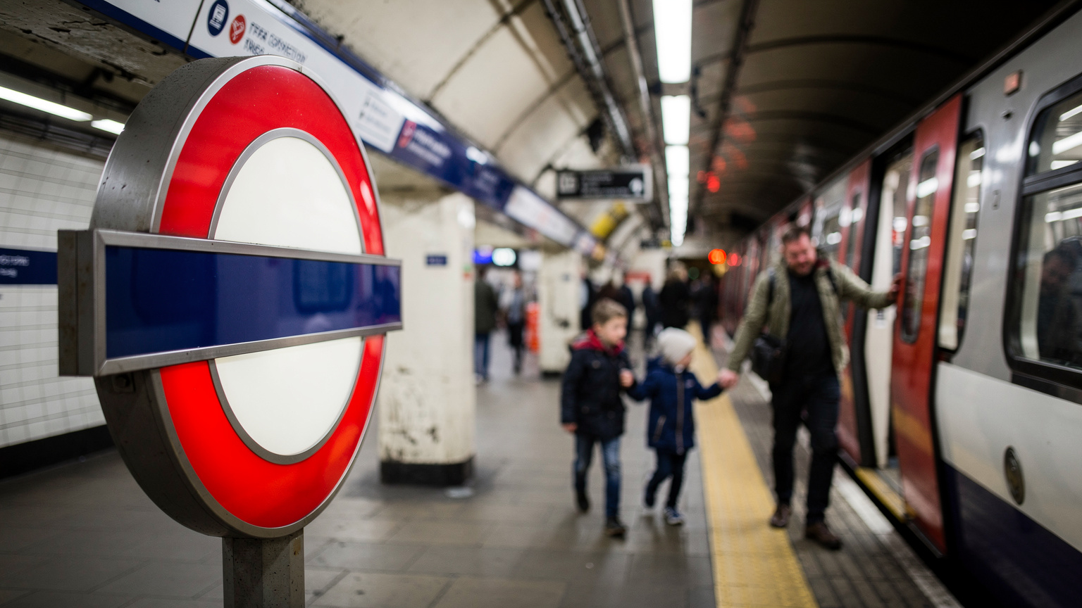 Ein Londoner U-Bahn-Schild (Roundel) mit einer leicht verschwommenen Familie im Hintergrund, die in die U-Bahn einsteigt, um das geschäftige Treiben der Stadt einzufangen.