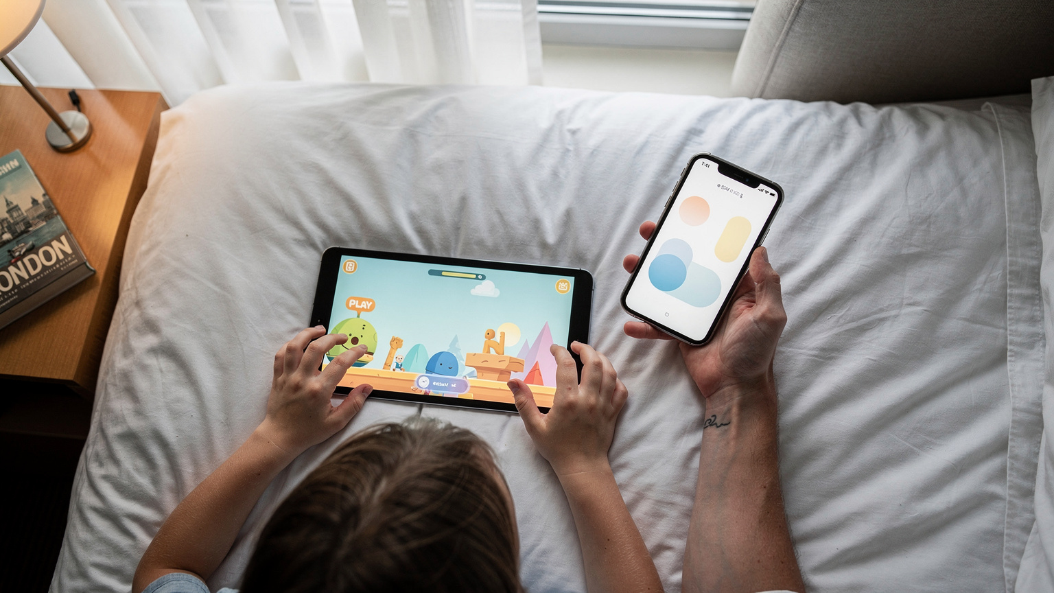 Ein Kind spielt ein Spiel auf einem Tablet, während ein Elternteil auf einem Smartphone die eSIM-Einstellungen überprüft, beide Geräte liegen auf einem Hotelbett in London.
