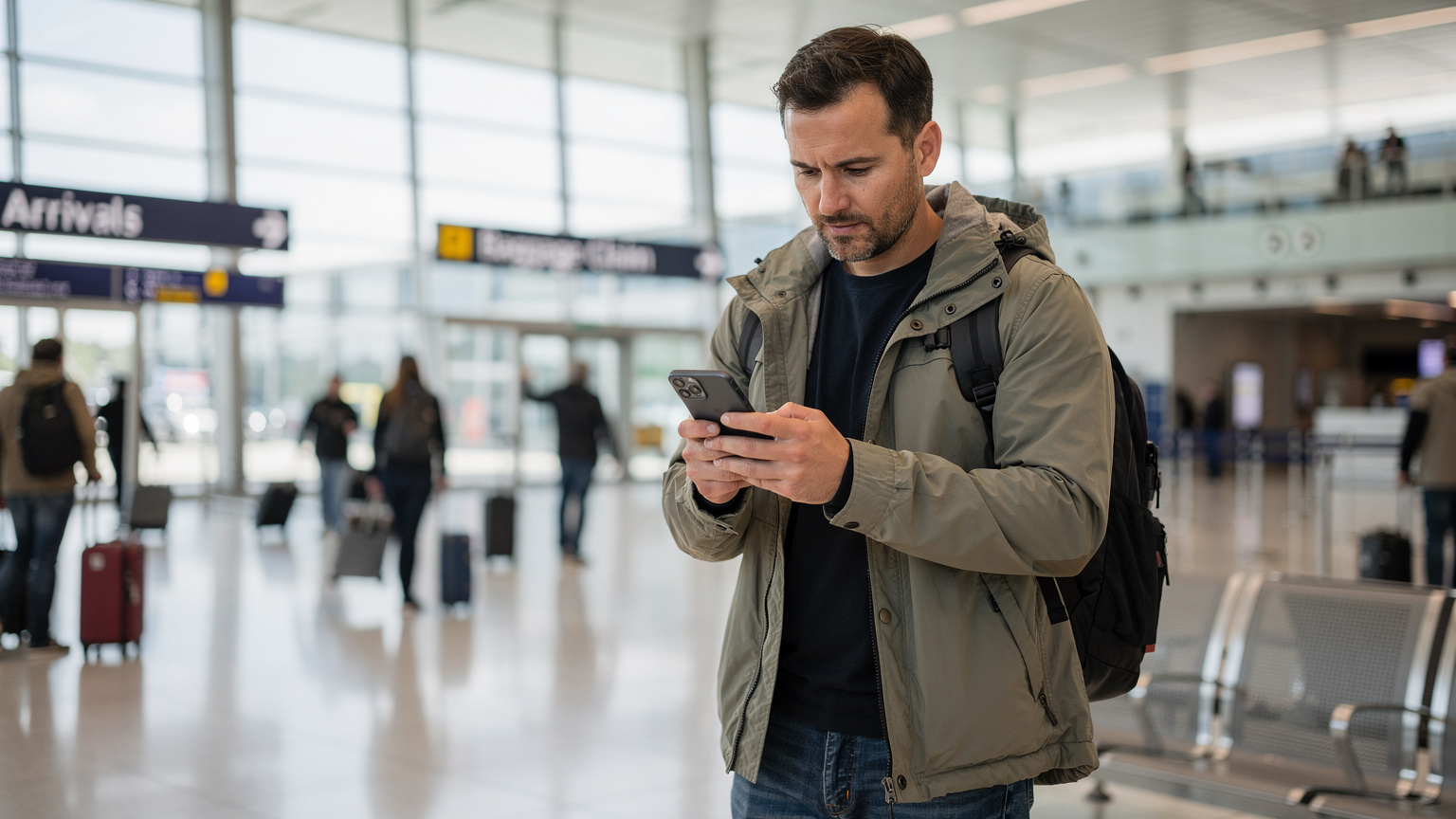Ein Reisender prüft sein Smartphone auf eine eSIM-Bestätigung, während er in der Ankunftshalle des Londoner Flughafens steht, im Hintergrund wuseln andere Reisende.