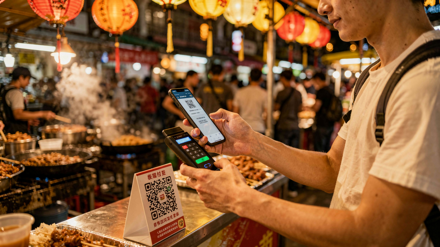 一名年轻的中国游客在马来西亚吉隆坡的茨厂街夜市,使用手机扫描二维码进行支付,背景是熙熙攘攘的街景、各种美食摊位和五彩斑斓的灯笼。