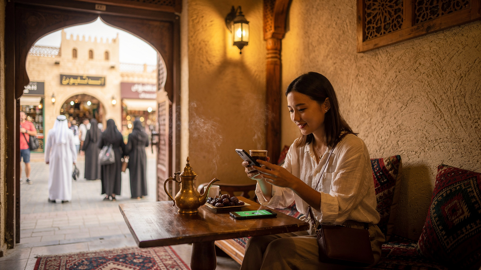 一位年轻的中国女性坐在卡塔尔多哈瓦奇夫市场(Souq Waqif)的一家传统阿拉伯咖啡馆内,一手端着一杯阿拉伯咖啡,另一只手用智能手机查看最新的足球比赛结果,背景是繁忙的市场入口和富有当地特色的建筑。