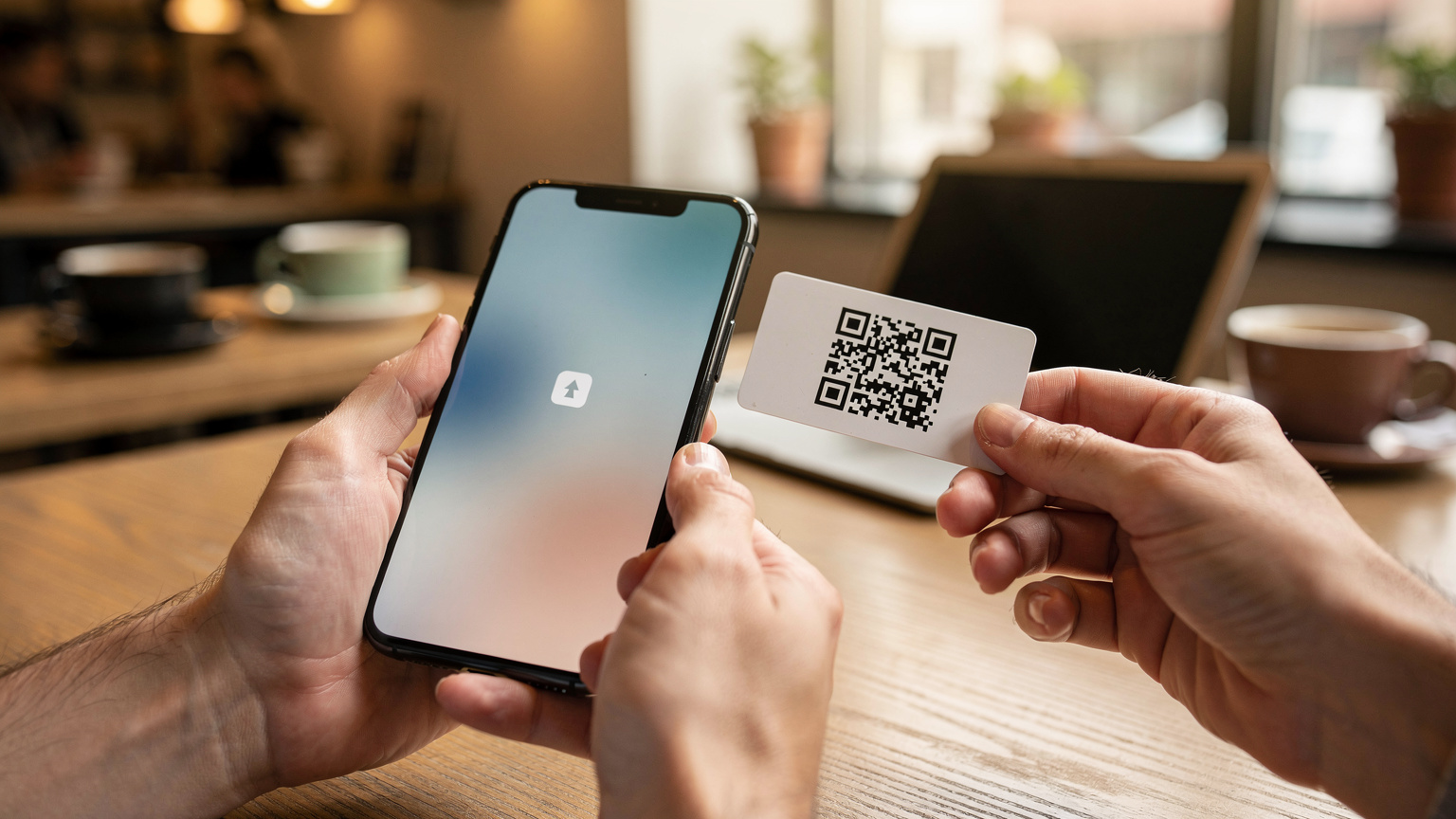 一只手握持着一部智能手机,屏幕上显示Cellesim的eSIM激活界面,另一只手正将一个包含eSIM二维码的纸质说明放在手机旁边,准备扫描,背景是模糊的咖啡馆环境。