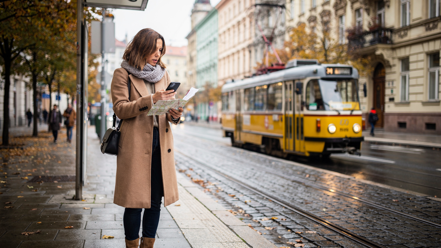 A person standing at a tram stop in Prague, looking at their phone and comparing it to a physical map, with an iconic yellow tram approaching.