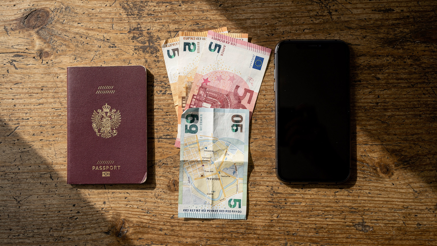 An editorial flat-lay of travel essentials: a passport, a Cellesim-enabled smartphone, local currency, and a small map, neatly arranged on a rustic wooden table.