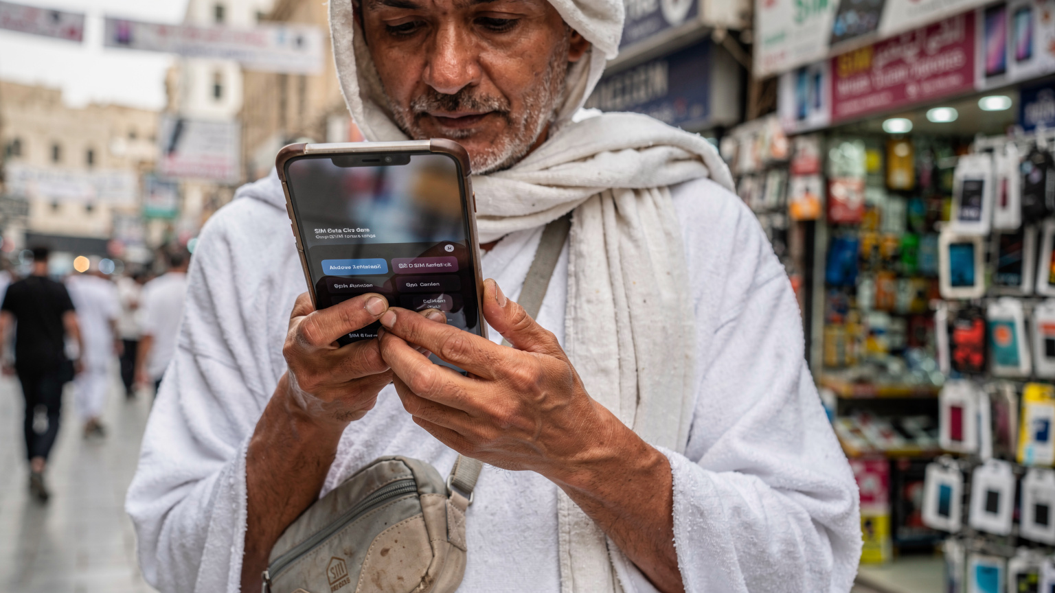 Seorang jemaah haji sedang memilih pelan data eSIM di telefon pintarnya, dengan latar belakang deretan kedai telefon bimbit di Pasar Makkah, menunjukkan perbandingan antara kemudahan eSIM dengan kerumitan mencari SIM fizikal.