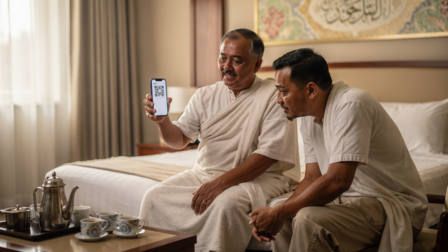 Seorang jemaah haji sedang menunjuk telefonnya kepada rakan, memaparkan kod QR eSIM yang baru diaktifkan, di dalam sebuah bilik hotel di Makkah, menunjukkan kemudahan proses aktivasi.