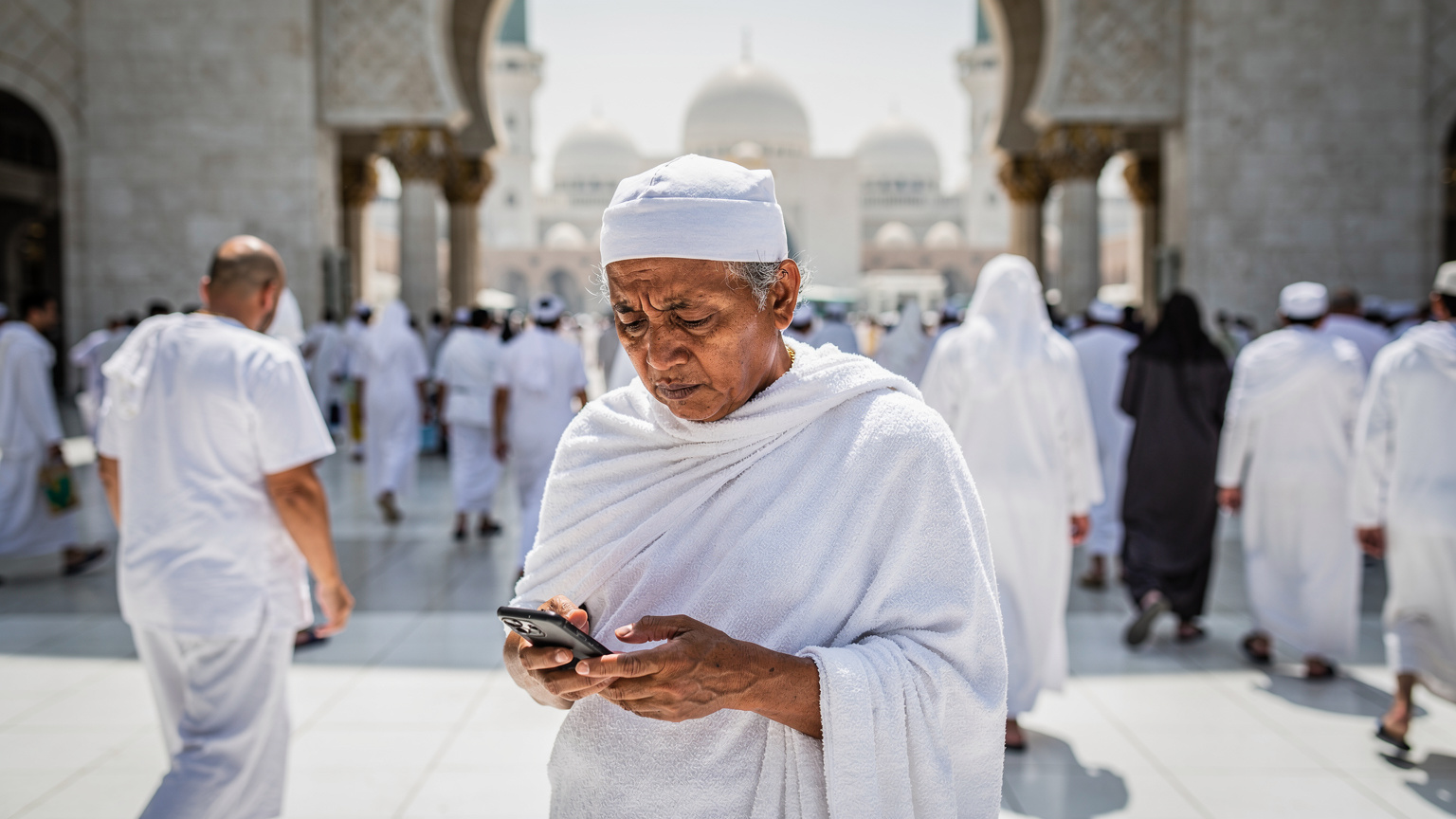 Seorang jemaah haji sedang melihat telefon pintarnya dengan riak wajah sedikit bimbang, mungkin disebabkan masalah sambungan, di kawasan padat berhampiran pintu masuk Masjid Nabawi di Madinah.