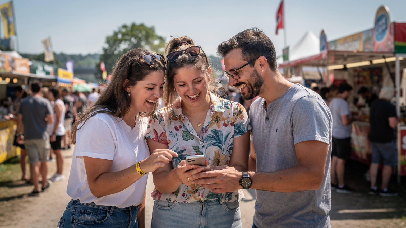 Eine Gruppe lachender Freunde, die sich auf einem Festivalgelände um ein Smartphone versammelt haben, um Fotos anzusehen oder eine Karte zu überprüfen.