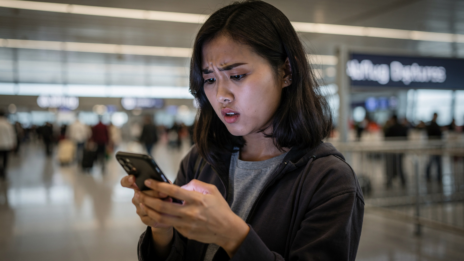 Một phụ nữ trẻ đang bối rối xem điện thoại của mình tại sân bay Frankfurt, cố gắng tìm cách kết nối internet sau chuyến bay dài.