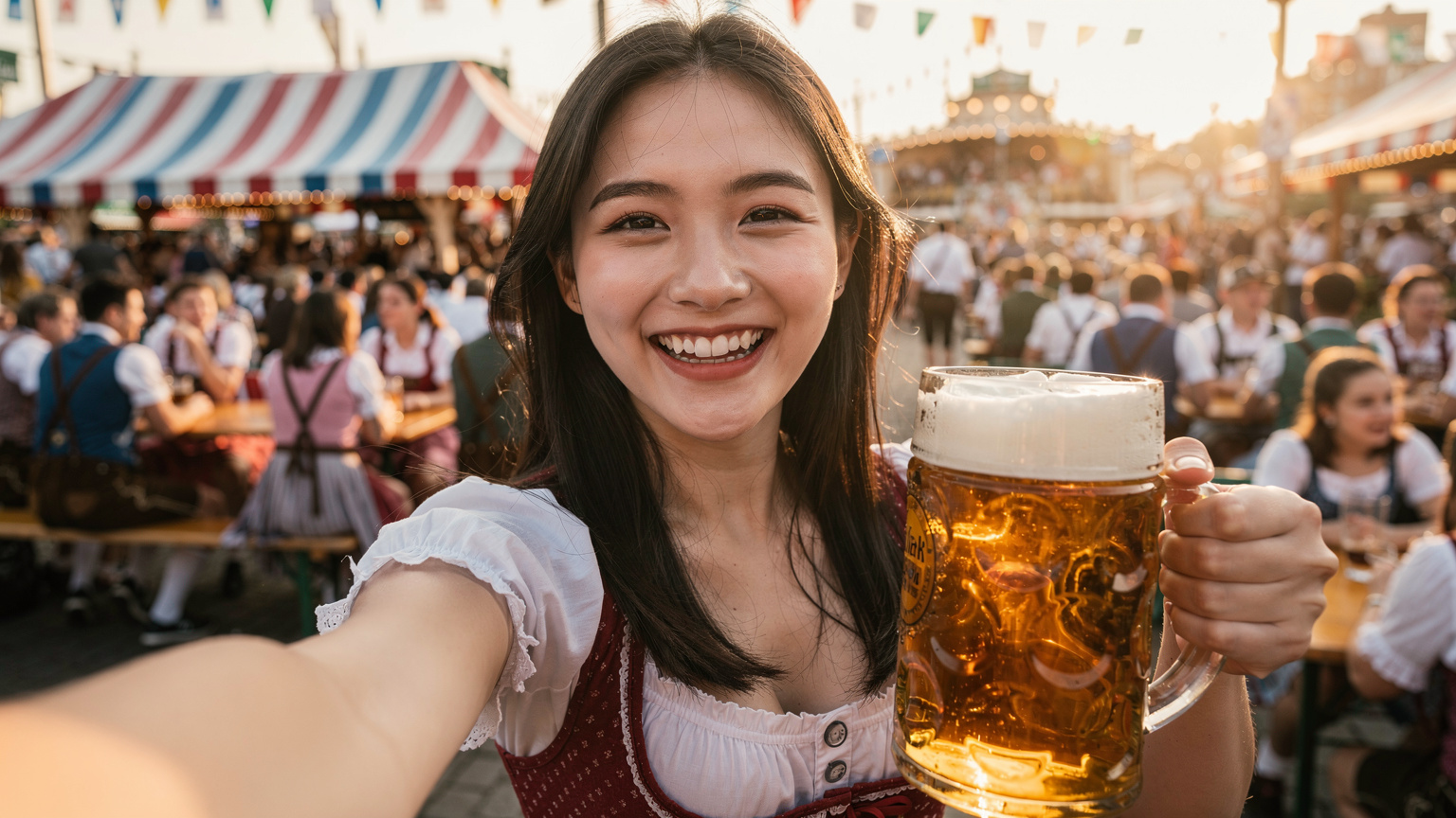 Một phụ nữ trẻ đang tận hưởng lễ hội Oktoberfest ở Munich, cười tươi và chụp ảnh tự sướng với một cốc bia lớn và đám đông phía sau.