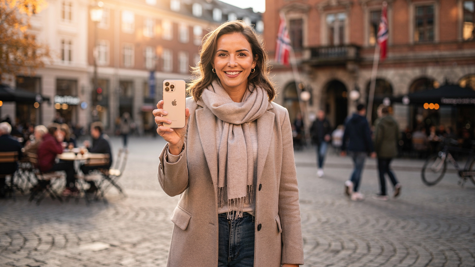 En kvinne med mørkt hår, kledd i en stilig kåpe, smiler mens hun holder en iPhone i hånden, med et travelt torg i Oslo, som Youngstorget, i bakgrunnen under en solfylt høstdag.