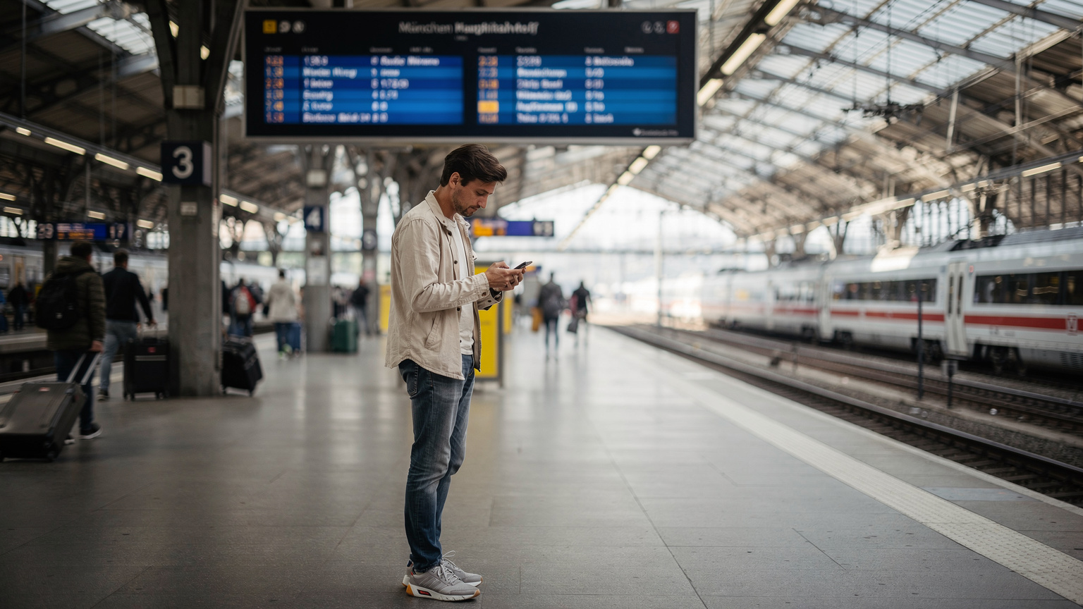 En reisende, kledd i en lett jakke, sjekker sin iPhone mens han står foran en stor, digital informasjonsskjerm på München Hauptbahnhof, med togspor og et avgående tog i bakgrunnen, i et travelt men organisert miljø.