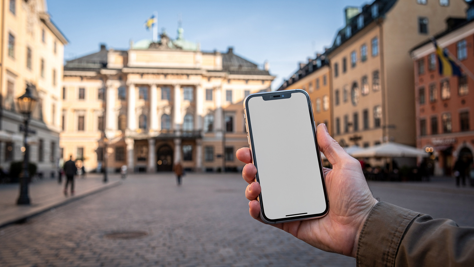 En hånd holder en iPhone som viser en digital billett for et museum i Gamla Stan, Stockholm, med historiske bygninger og en bro i bakgrunnen, under en klar nordisk himmel.