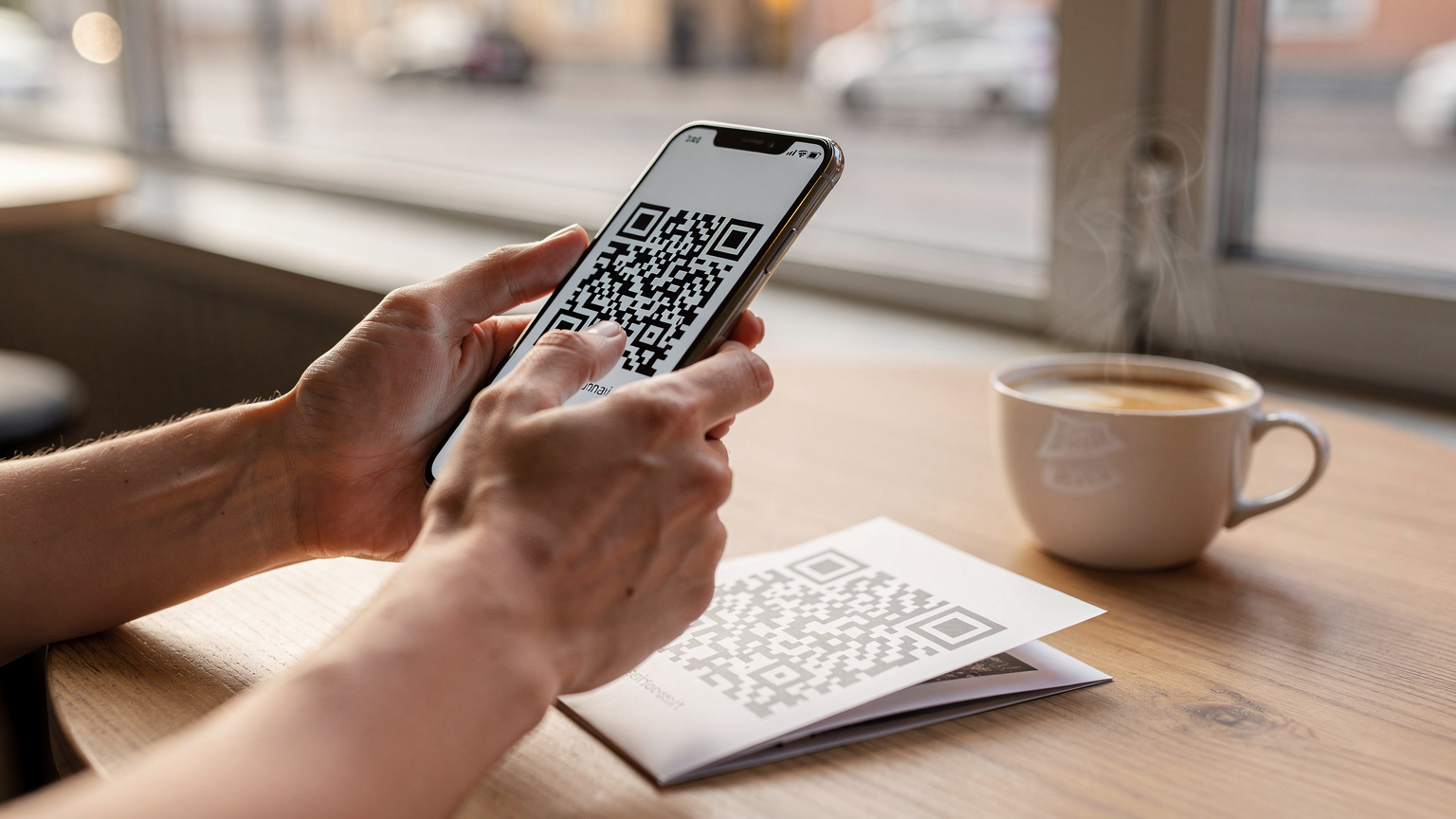 En person holder en iPhone i hånden og skanner en QR-kode fra en brosjyre på et kafébord i Majorstuen, Oslo, med en kaffekopp og et par briller i bakgrunnen, i mykt morgenlys.