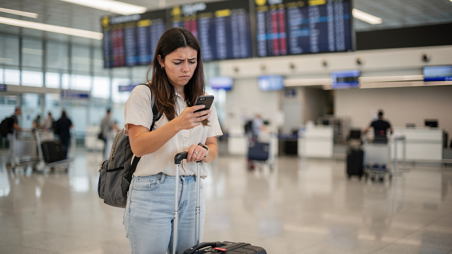 Cestovateľka s telefónom, ktorá hľadá informácie na letisku v Tirane, Albánsko, zatiaľ čo kontroluje pripojenie na svojom telefóne. Jej tvár vyjadruje miernu frustráciu, čo naznačuje problémy s nájdením správneho operátora alebo pripojenia.