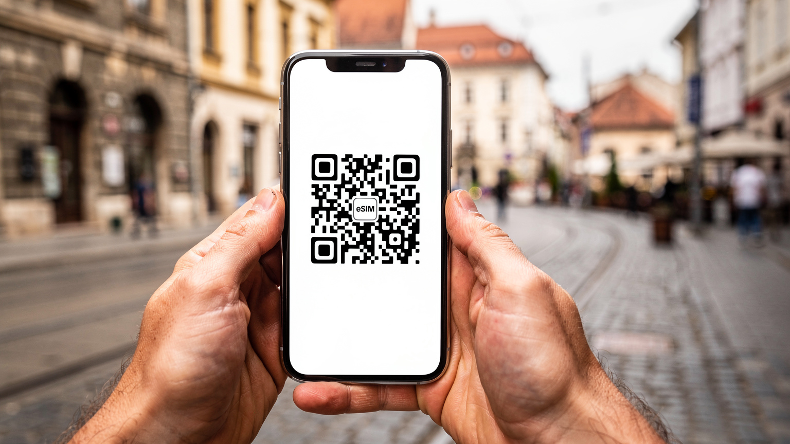 Detailný záber na ruky držiace smartfón, ktorý zobrazuje proces aktivácie eSIM s QR kódom na obrazovke. V pozadí je rozmazané rušné prostredie historického centra Sofie, Bulharsko, s kamennými uličkami a tradičnými budovami, čo naznačuje okamžité pripojenie v meste.