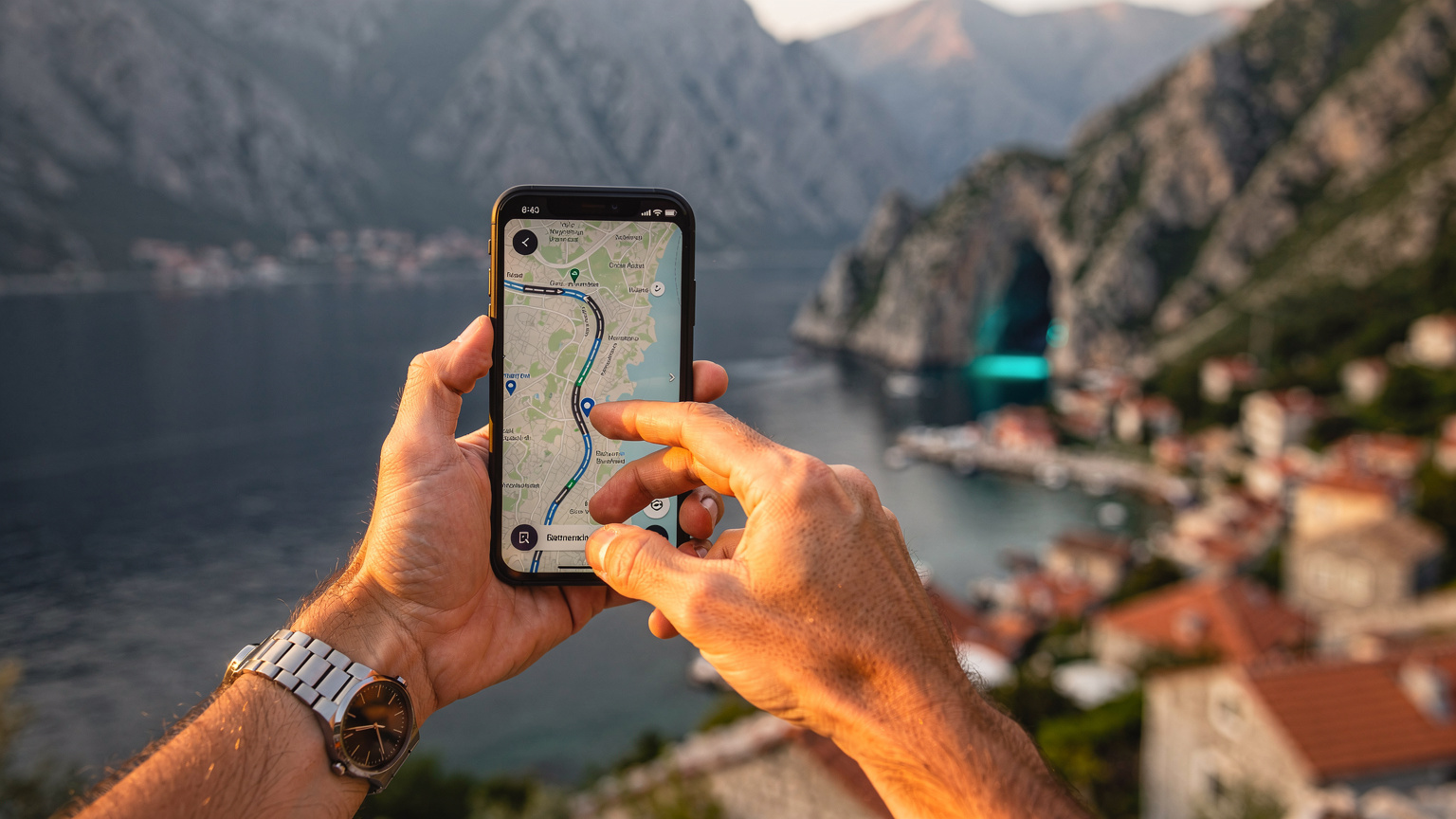 Ręce trzymające smartfon z nawigacją wzdłuż wybrzeża Czarnogóry, w tle Błękitna Grota.