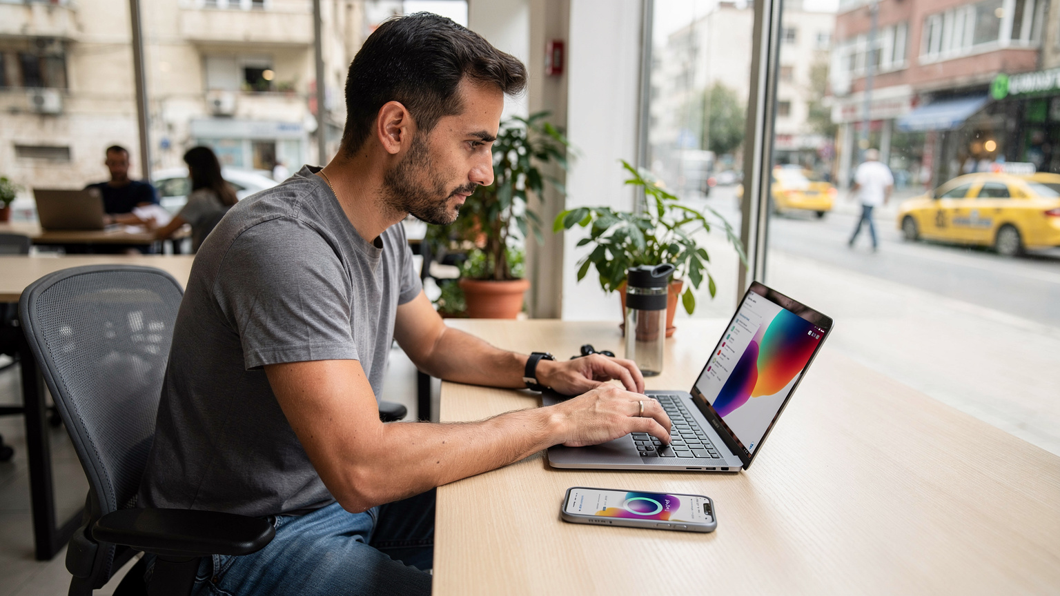 Mężczyzna pracuje na laptopie w coworkingu w Tiranie, obok smartfon z aplikacją eSIM. Za oknem dynamiczne miasto.