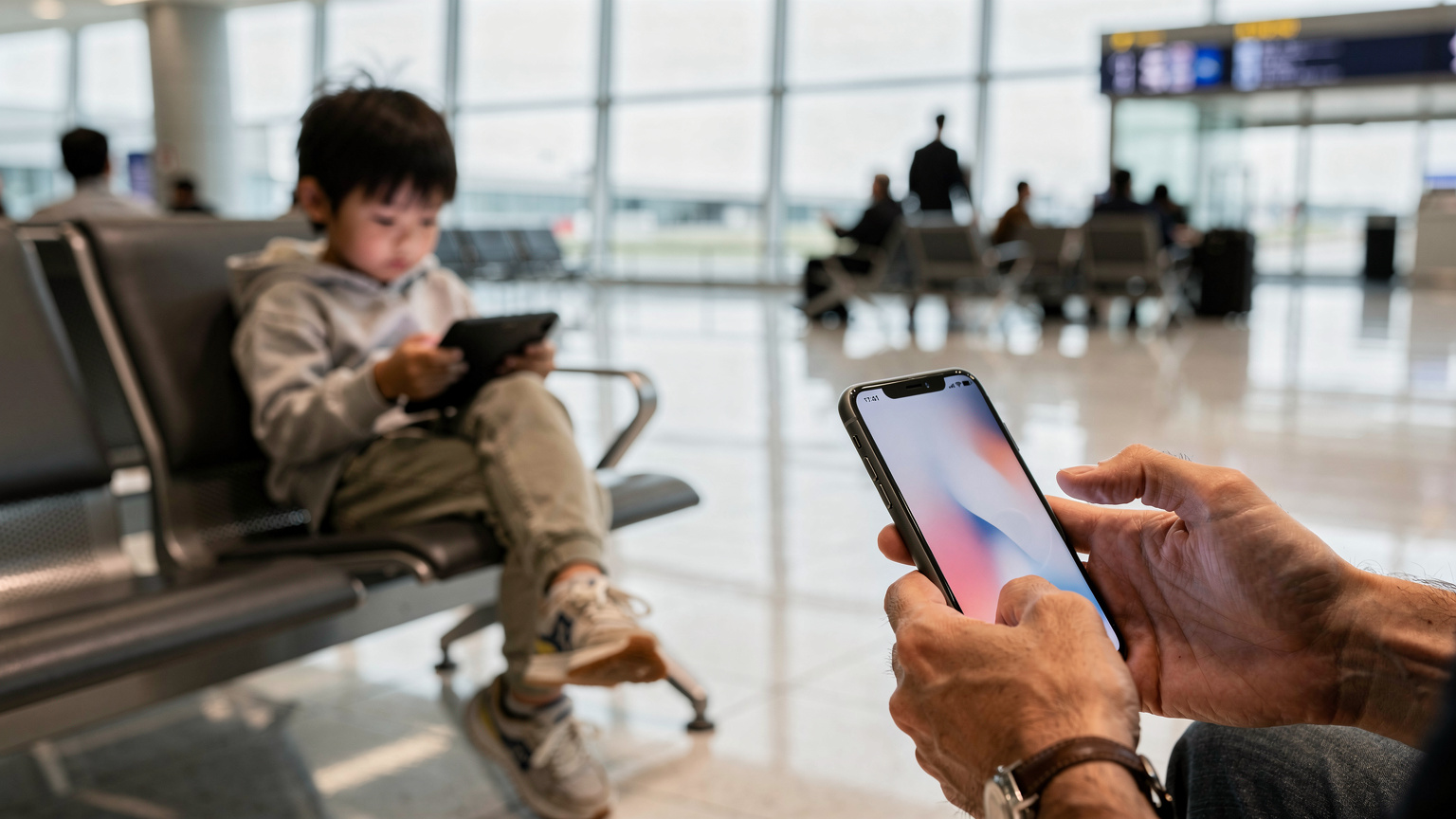 空港の待合室で、子供がタブレットで動画を視聴し、親がスマートフォンでeSIMの設定を確認している様子。家族旅行における通信の重要性が伝わります。